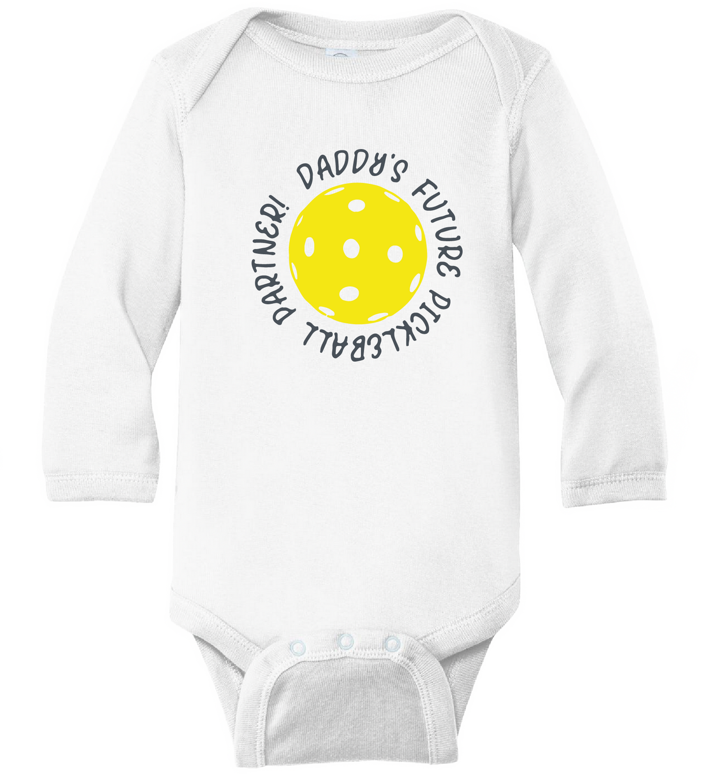 Design: Mommy's  of Daddy's Future Pickleball Partner  Each order gets you one outfit.  It’s a family affair!  Show your love with these cute “Onesies” designed for the pickleball addict’s newest addition to the family. These unique designs are sure to please the fussiest of babies, parents and grandparents. Makes a perfect shower gift, birthday gift or just because gift.