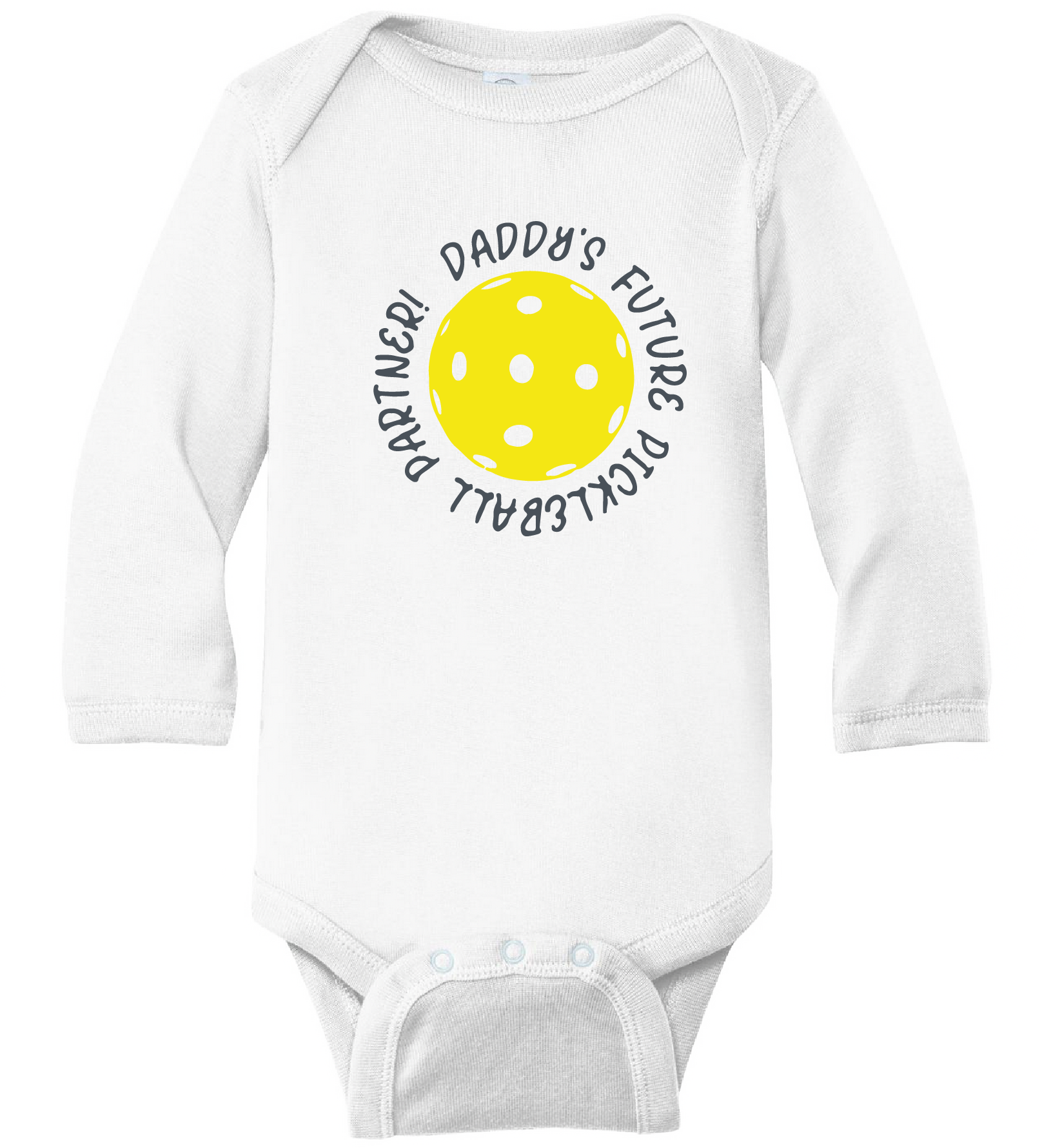 Design: Mommy's  of Daddy's Future Pickleball Partner  Each order gets you one outfit.  It’s a family affair!  Show your love with these cute “Onesies” designed for the pickleball addict’s newest addition to the family. These unique designs are sure to please the fussiest of babies, parents and grandparents. Makes a perfect shower gift, birthday gift or just because gift.