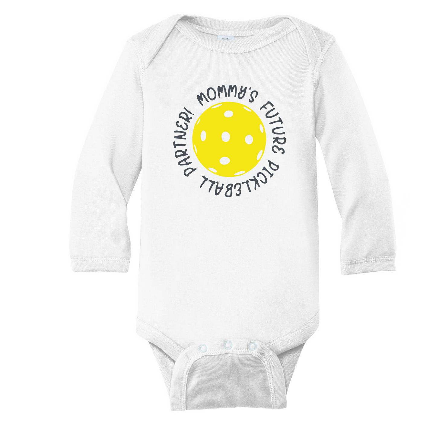 Design: Mommy's  of Daddy's Future Pickleball Partner  Each order gets you one outfit.  It’s a family affair!  Show your love with these cute “Onesies” designed for the pickleball addict’s newest addition to the family. These unique designs are sure to please the fussiest of babies, parents and grandparents. Makes a perfect shower gift, birthday gift or just because gift.