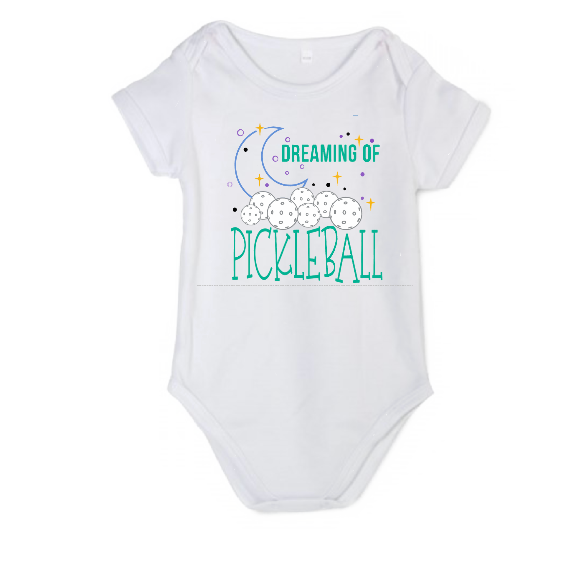 Pickleball Design: Dreaming of Pickleball  It’s a family affair! Show your love with these cute “Onesies” designed for the pickleball addict’s newest addition to the family. These unique designs are sure to please the fussiest of babies, parents and grandparents. Makes a perfect shower gift, birthday gift or just because gift.