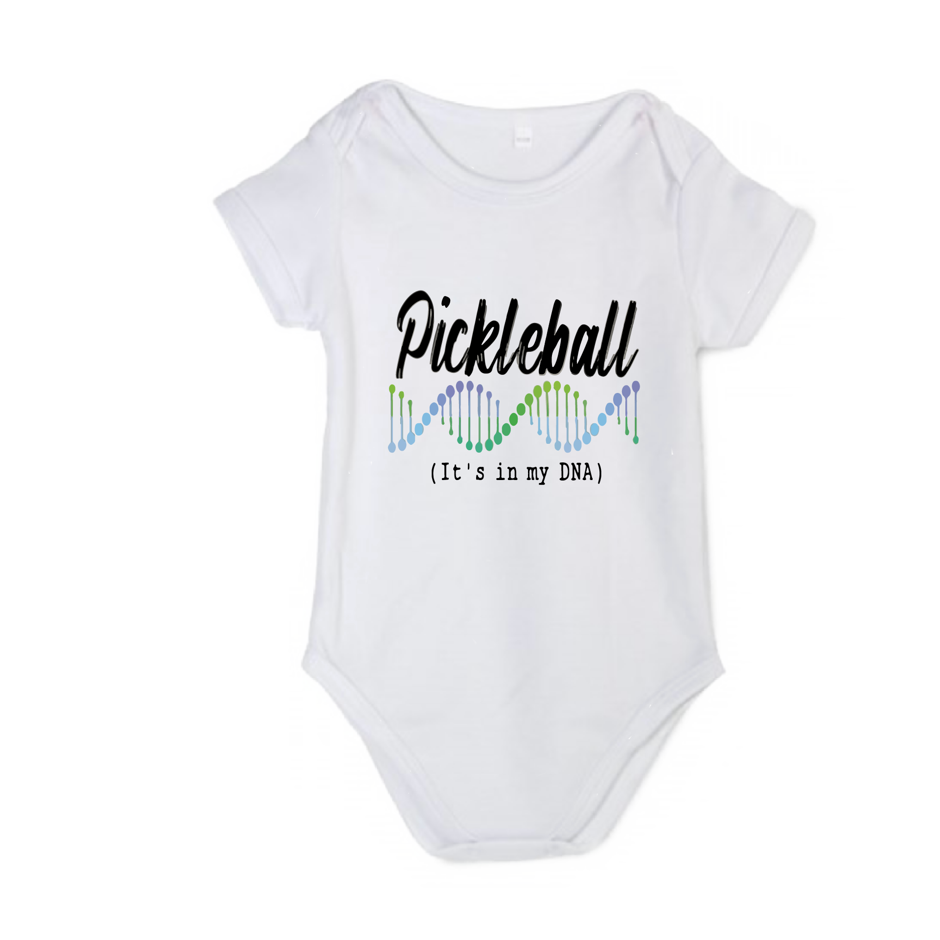 Pickleball Design: Pickleball DNA  It’s a family affair! Show your love with these cute “Onesies” designed for the pickleball addict’s newest addition to the family. These unique designs are sure to please the fussiest of babies, parents and grandparents. Makes a perfect shower gift, birthday gift or just because gift.