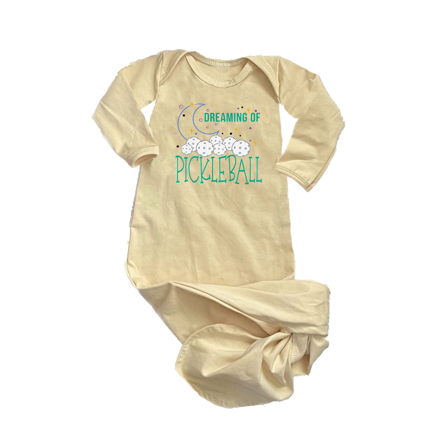 Pickleball Design: Dreaming of Pickleball  Newborn Baby Girl or Baby Boy Knotted Tie Gown  Celebrate the baby coming home along with your love of pickleball. Choose from several fun designs that will make your little one the envy of the nursery. Show your love with these cute "Knotted Gowns" designed for the pickleball addict's newest addition to the family. 