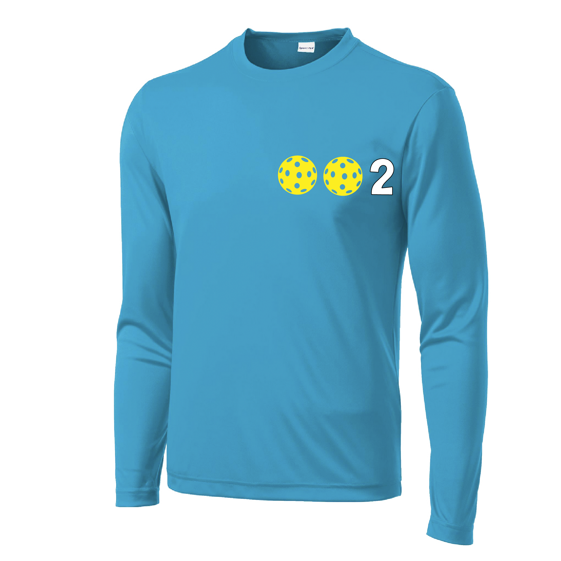 Design: 002 Pickleballs customizable color (yellow, white, cyan)  Men's Styles: Long Sleeve (LS)  Shirts are lightweight, roomy and highly breathable. These moisture-wicking shirts are designed for athletic performance. They feature PosiCharge technology to lock in color and prevent logos from fading. Removable tag and set-in sleeves for comfort.