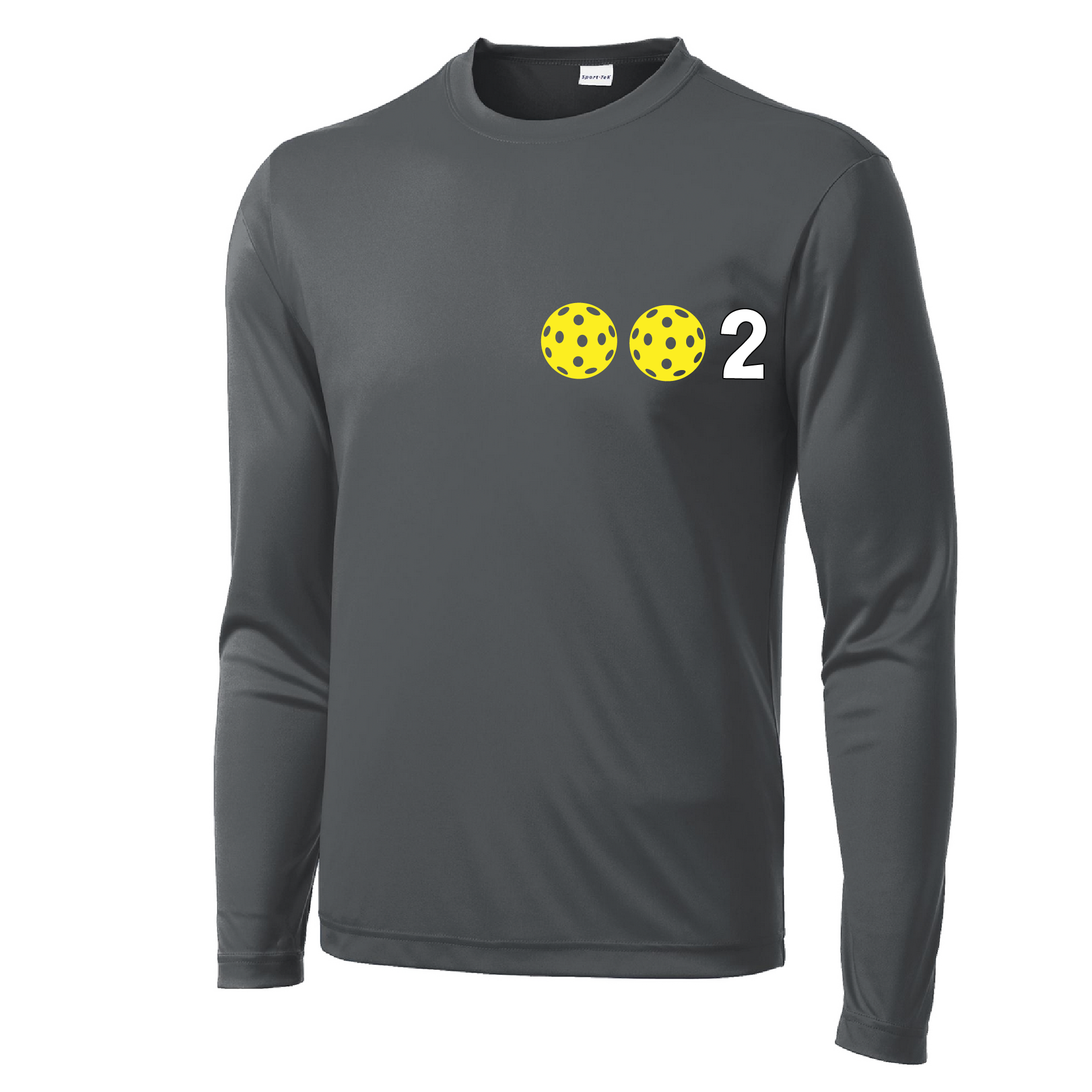 Design: 002 Pickleballs customizable color (yellow, white, cyan)  Men's Styles: Long Sleeve (LS)  Shirts are lightweight, roomy and highly breathable. These moisture-wicking shirts are designed for athletic performance. They feature PosiCharge technology to lock in color and prevent logos from fading. Removable tag and set-in sleeves for comfort.