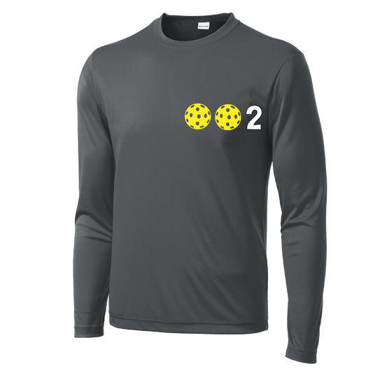 Design: 002 Pickleballs customizable color (yellow, white, cyan)  Men's Styles: Long Sleeve (LS)  Shirts are lightweight, roomy and highly breathable. These moisture-wicking shirts are designed for athletic performance. They feature PosiCharge technology to lock in color and prevent logos from fading. Removable tag and set-in sleeves for comfort.