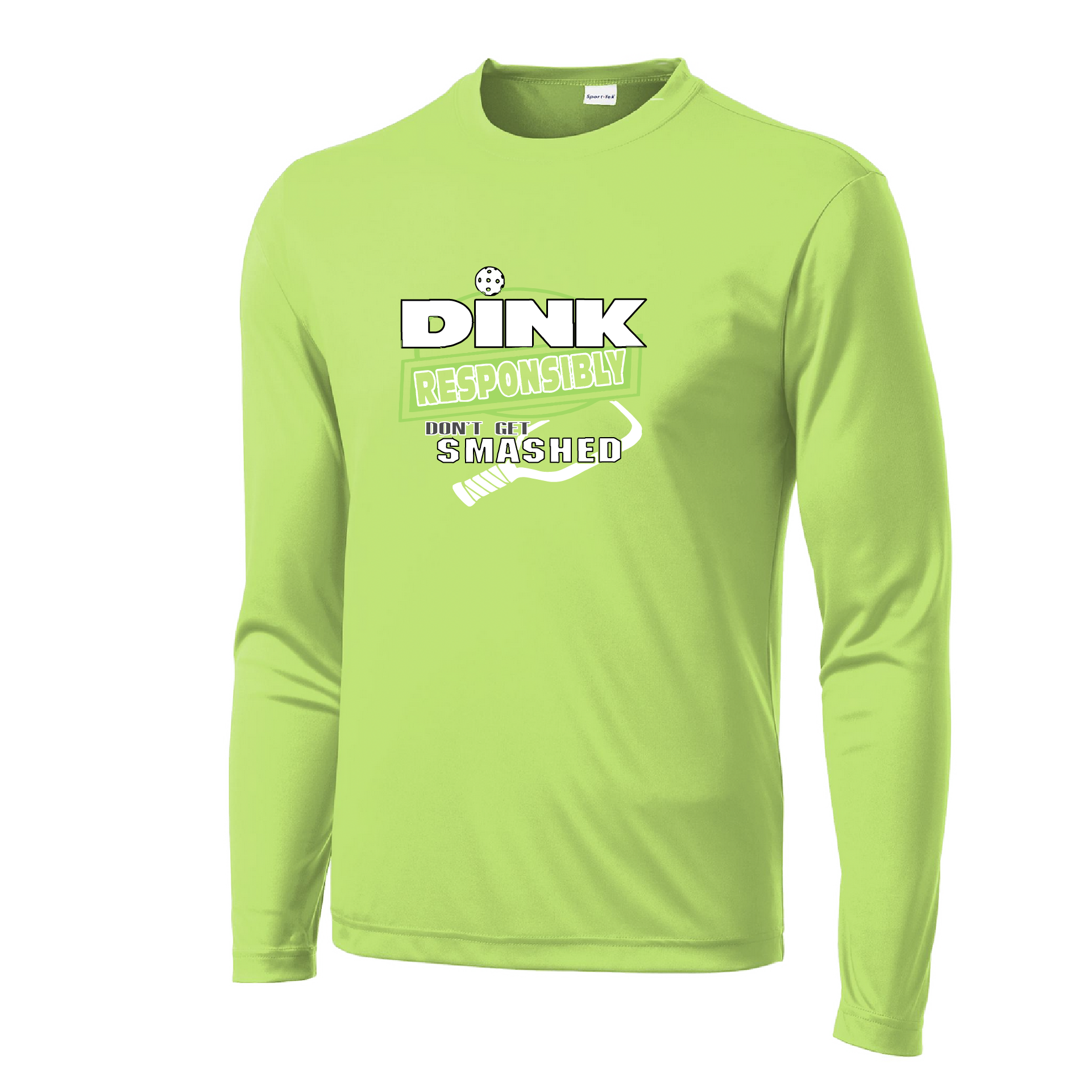 Pickleball Design: Dink Responsibly - Don't Get Smashed  Men's Style: Long Sleeve  Shirts are lightweight, roomy and highly breathable. These moisture-wicking shirts are designed for athletic performance. They feature PosiCharge technology to lock in color and prevent logos from fading. Removable tag and set-in sleeves for comfort.