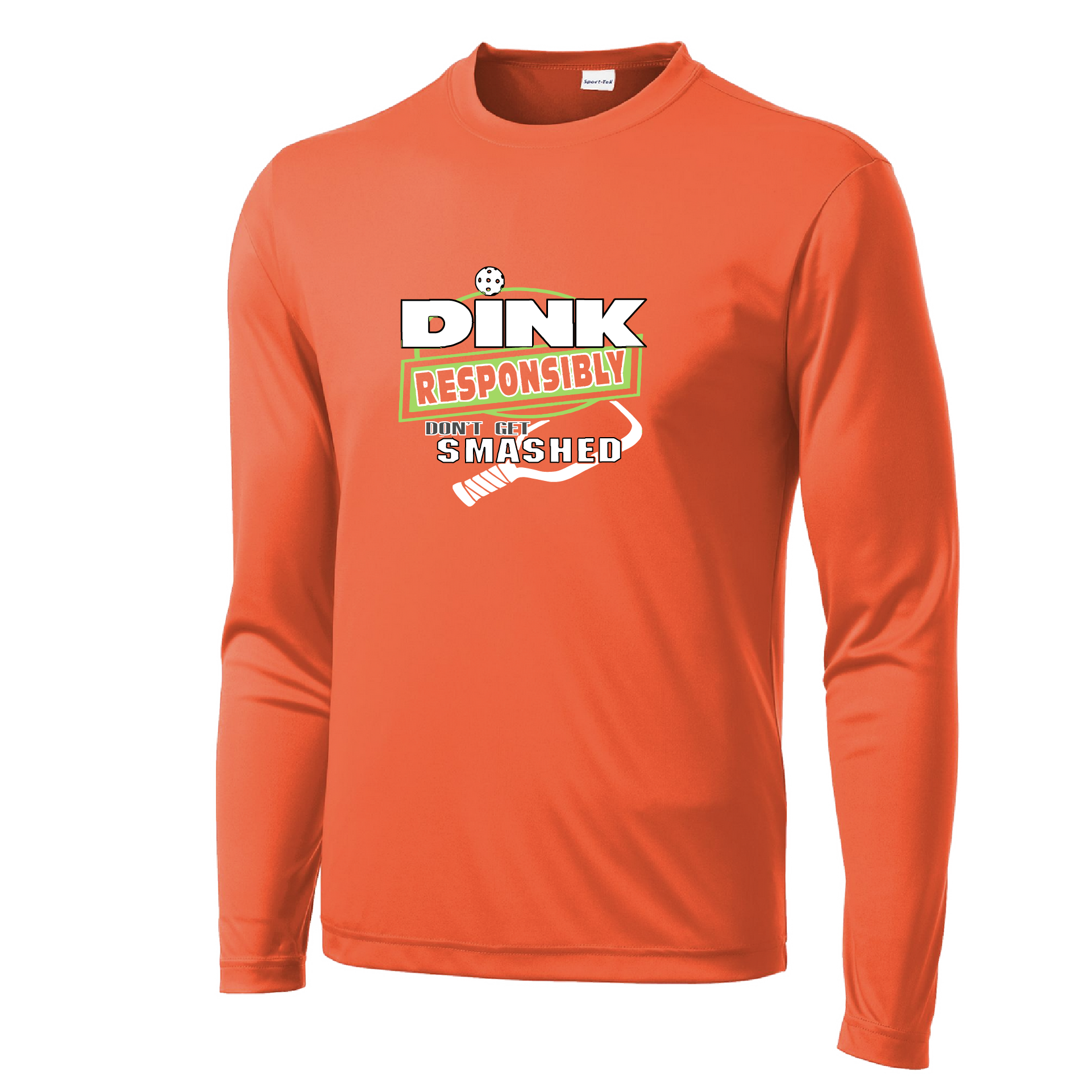 Pickleball Design: Dink Responsibly - Don't Get Smashed  Men's Style: Long Sleeve  Shirts are lightweight, roomy and highly breathable. These moisture-wicking shirts are designed for athletic performance. They feature PosiCharge technology to lock in color and prevent logos from fading. Removable tag and set-in sleeves for comfort.