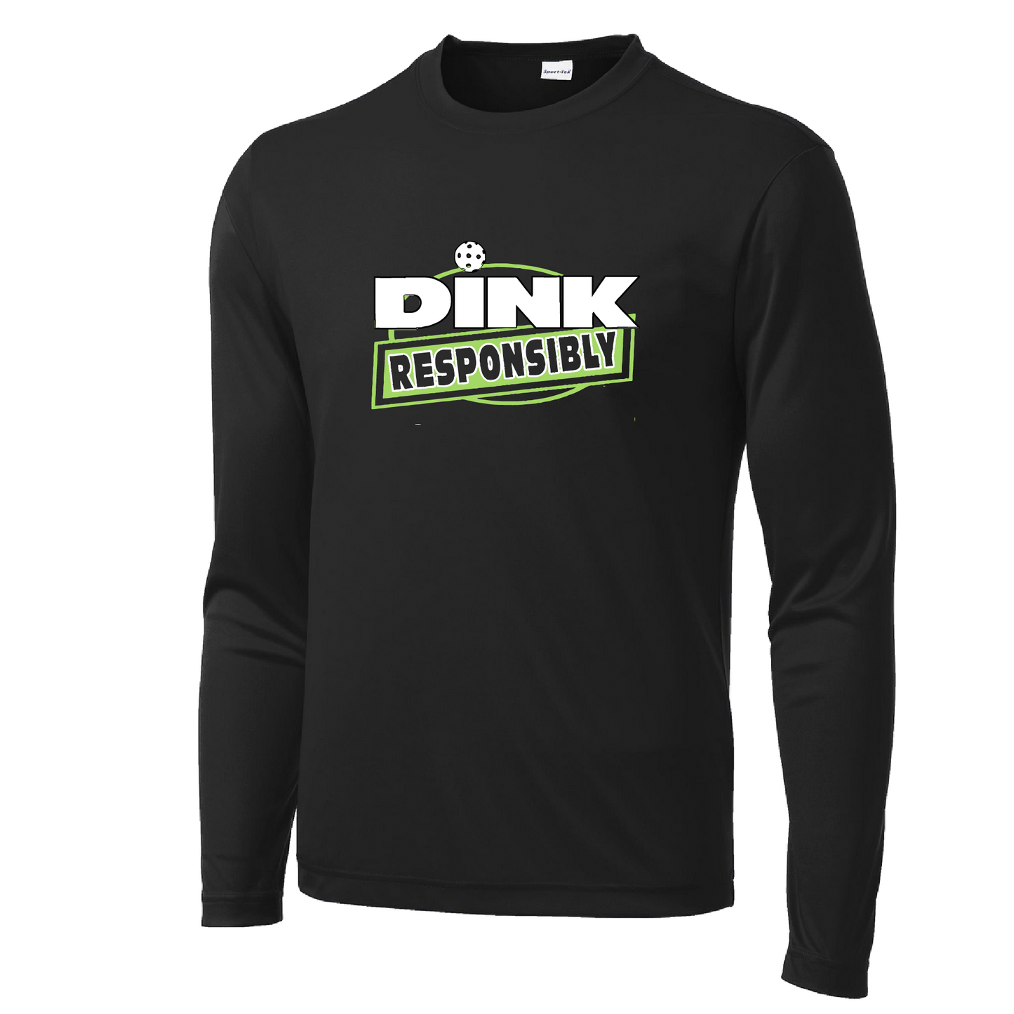 Pickleball Design: Dink Responsibly  Men's Style: Long Sleeve  Shirts are lightweight, roomy and highly breathable. These moisture-wicking shirts are designed for athletic performance. They feature PosiCharge technology to lock in color and prevent logos from fading. Removable tag and set-in sleeves for comfort