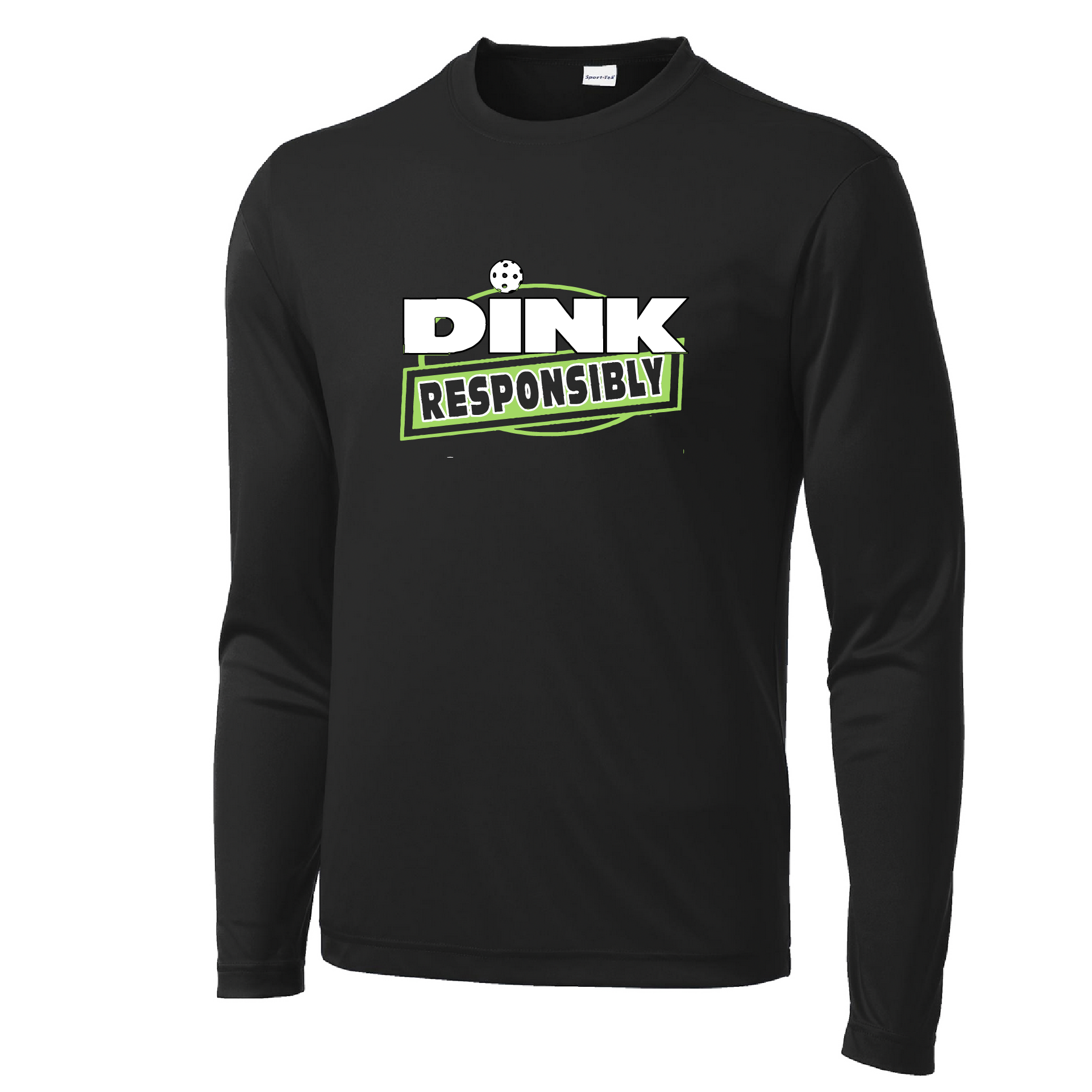 Pickleball Design: Dink Responsibly  Men's Style: Long Sleeve  Shirts are lightweight, roomy and highly breathable. These moisture-wicking shirts are designed for athletic performance. They feature PosiCharge technology to lock in color and prevent logos from fading. Removable tag and set-in sleeves for comfort