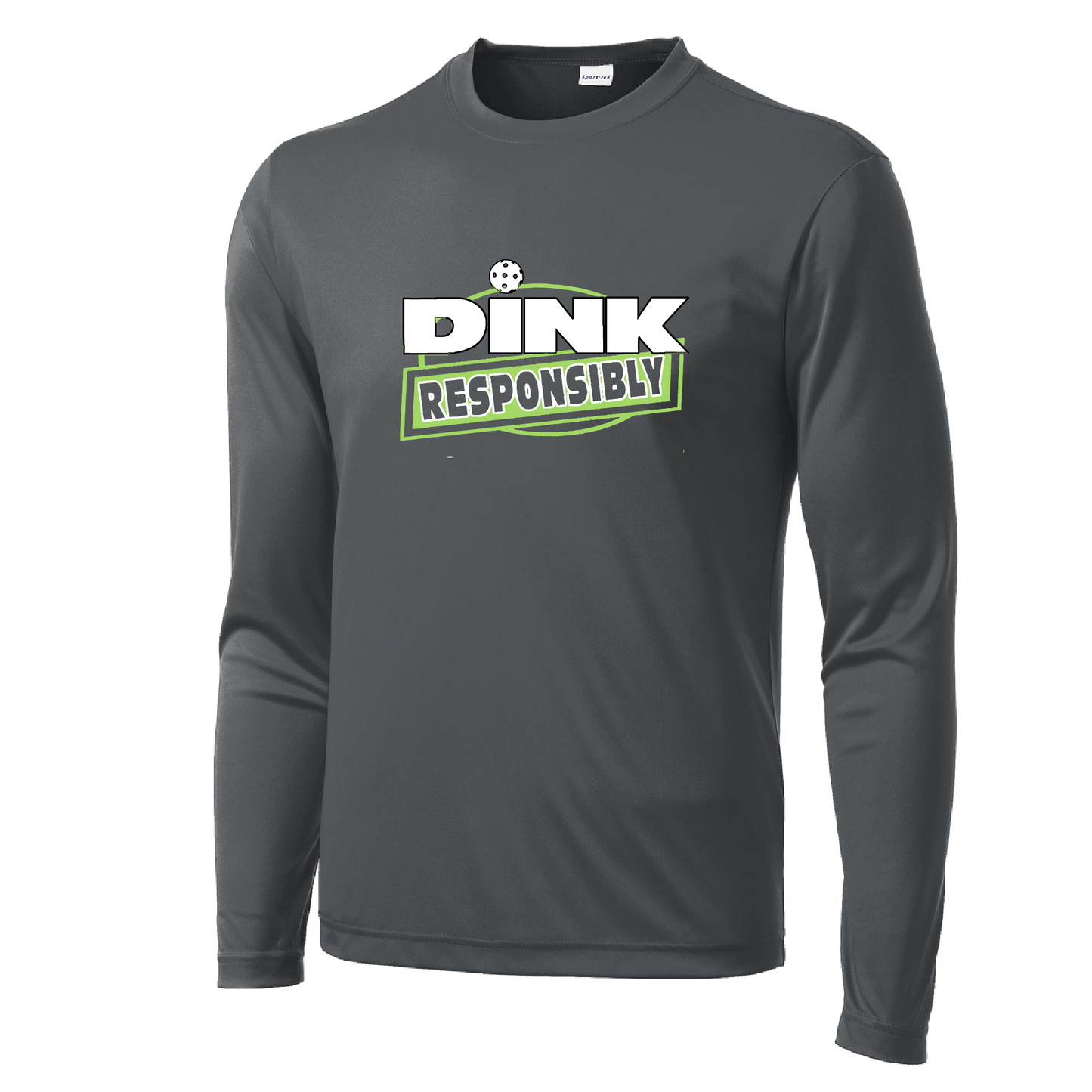 Pickleball Design: Dink Responsibly  Men's Style: Long Sleeve  Shirts are lightweight, roomy and highly breathable. These moisture-wicking shirts are designed for athletic performance. They feature PosiCharge technology to lock in color and prevent logos from fading. Removable tag and set-in sleeves for comfort