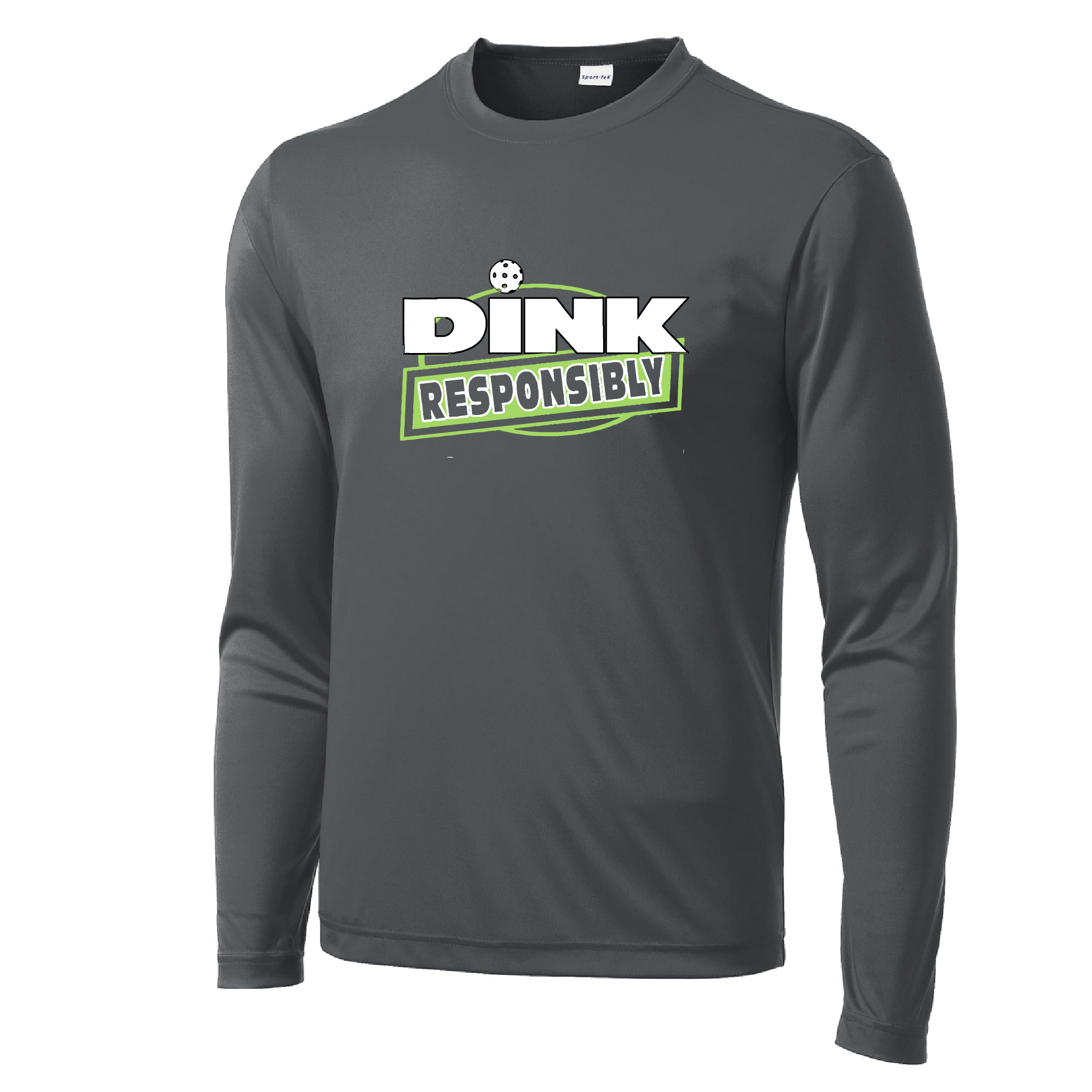 Pickleball Design: Dink Responsibly  Men's Style: Long Sleeve  Shirts are lightweight, roomy and highly breathable. These moisture-wicking shirts are designed for athletic performance. They feature PosiCharge technology to lock in color and prevent logos from fading. Removable tag and set-in sleeves for comfort