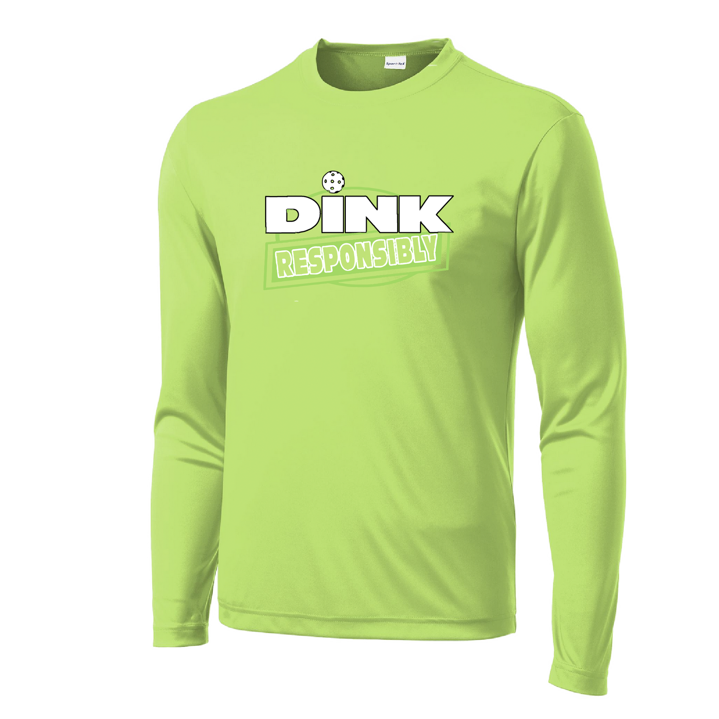 Pickleball Design: Dink Responsibly  Men's Style: Long Sleeve  Shirts are lightweight, roomy and highly breathable. These moisture-wicking shirts are designed for athletic performance. They feature PosiCharge technology to lock in color and prevent logos from fading. Removable tag and set-in sleeves for comfort