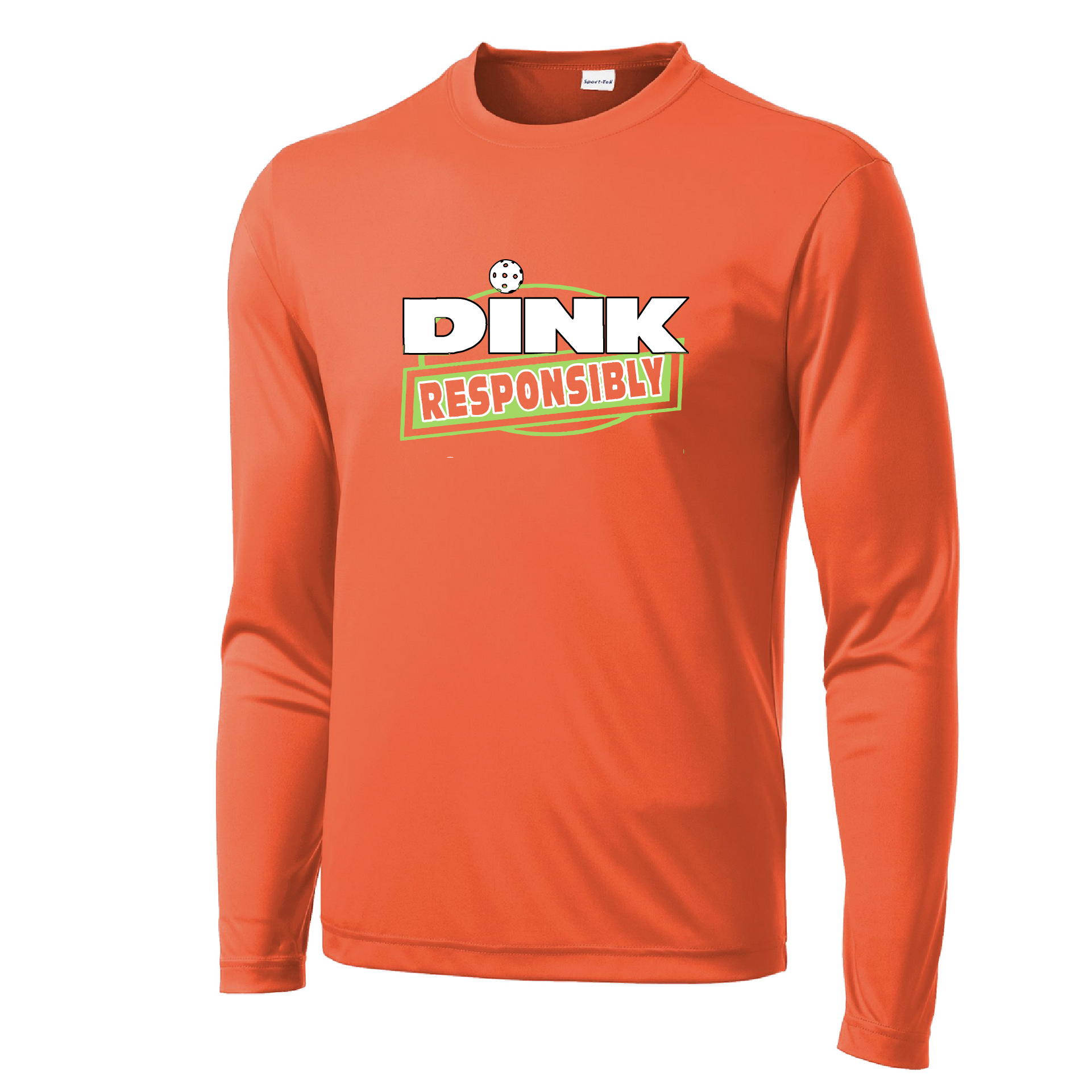 Pickleball Design: Dink Responsibly  Men's Style: Long Sleeve  Shirts are lightweight, roomy and highly breathable. These moisture-wicking shirts are designed for athletic performance. They feature PosiCharge technology to lock in color and prevent logos from fading. Removable tag and set-in sleeves for comfort