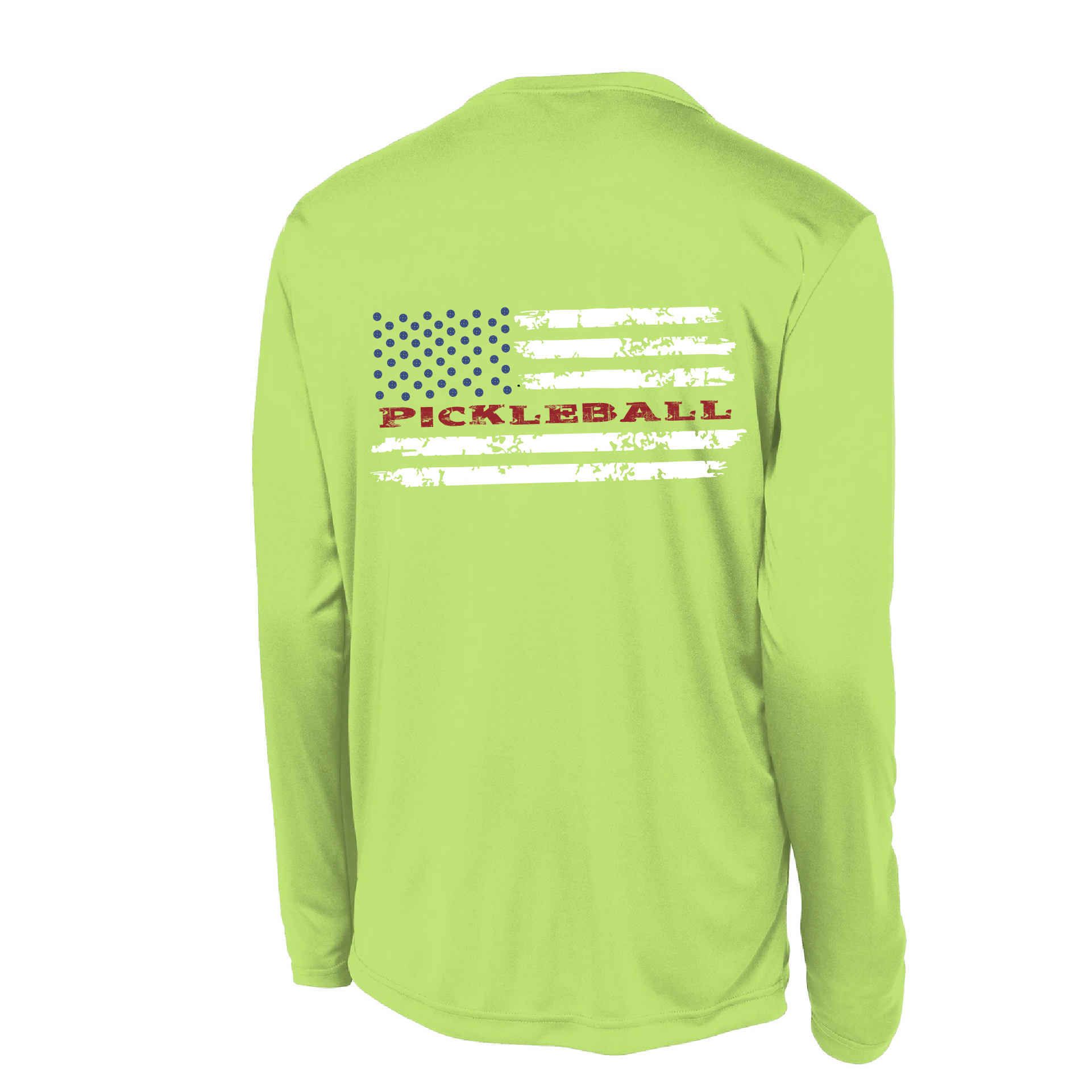 Pickleball Design: Pickleball Horizontal Flag on Front or Back Shirt  Men's Styles: Long-Sleeve  Shirts are lightweight, roomy and highly breathable. These moisture-wicking shirts are designed for athletic performance. They feature PosiCharge technology to lock in color and prevent logos from fading. Removable tag and set-in sleeves for comfort.