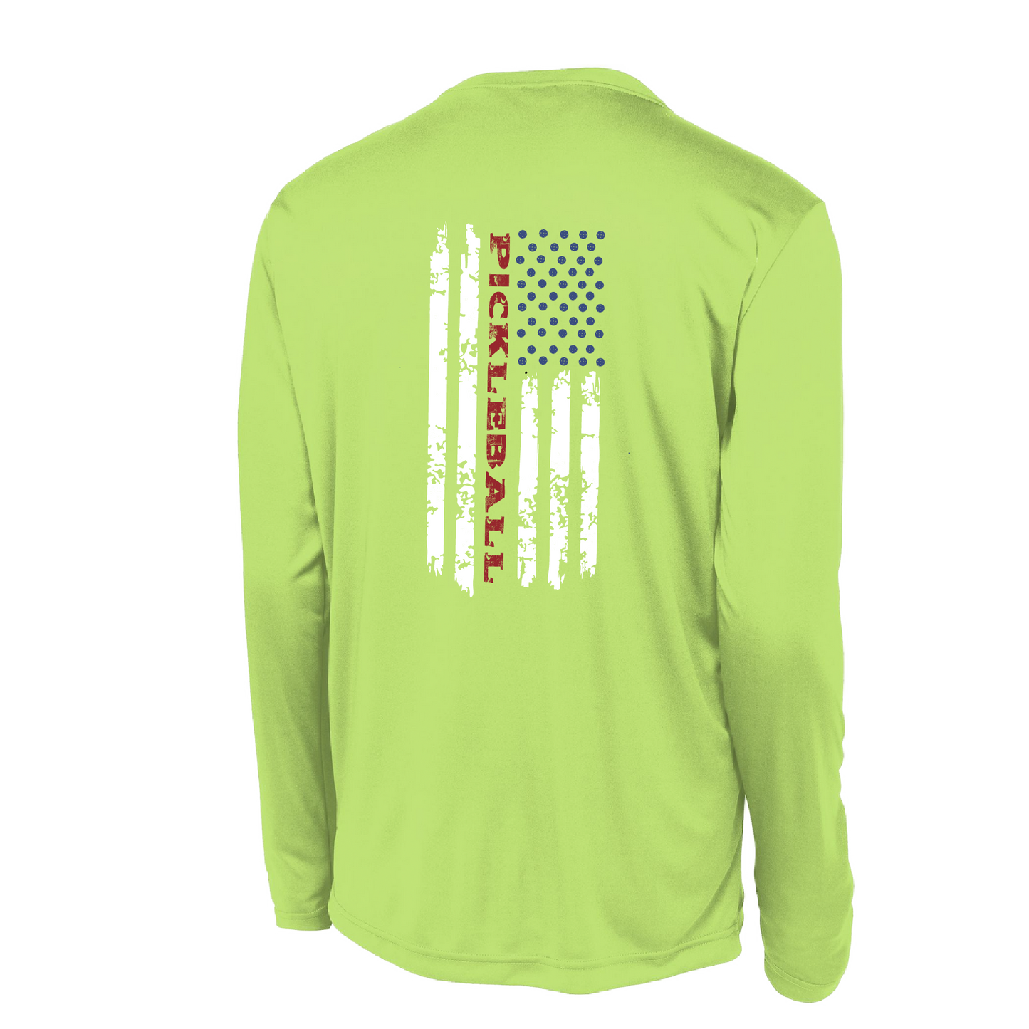 Pickleball Design: Pickleball Vertical Flag on Front or Back Shirt  Men's Styles: Long-Sleeve  Shirts are lightweight, roomy and highly breathable. These moisture-wicking shirts are designed for athletic performance. They feature PosiCharge technology to lock in color and prevent logos from fading. Removable tag and set-in sleeves for comfort.