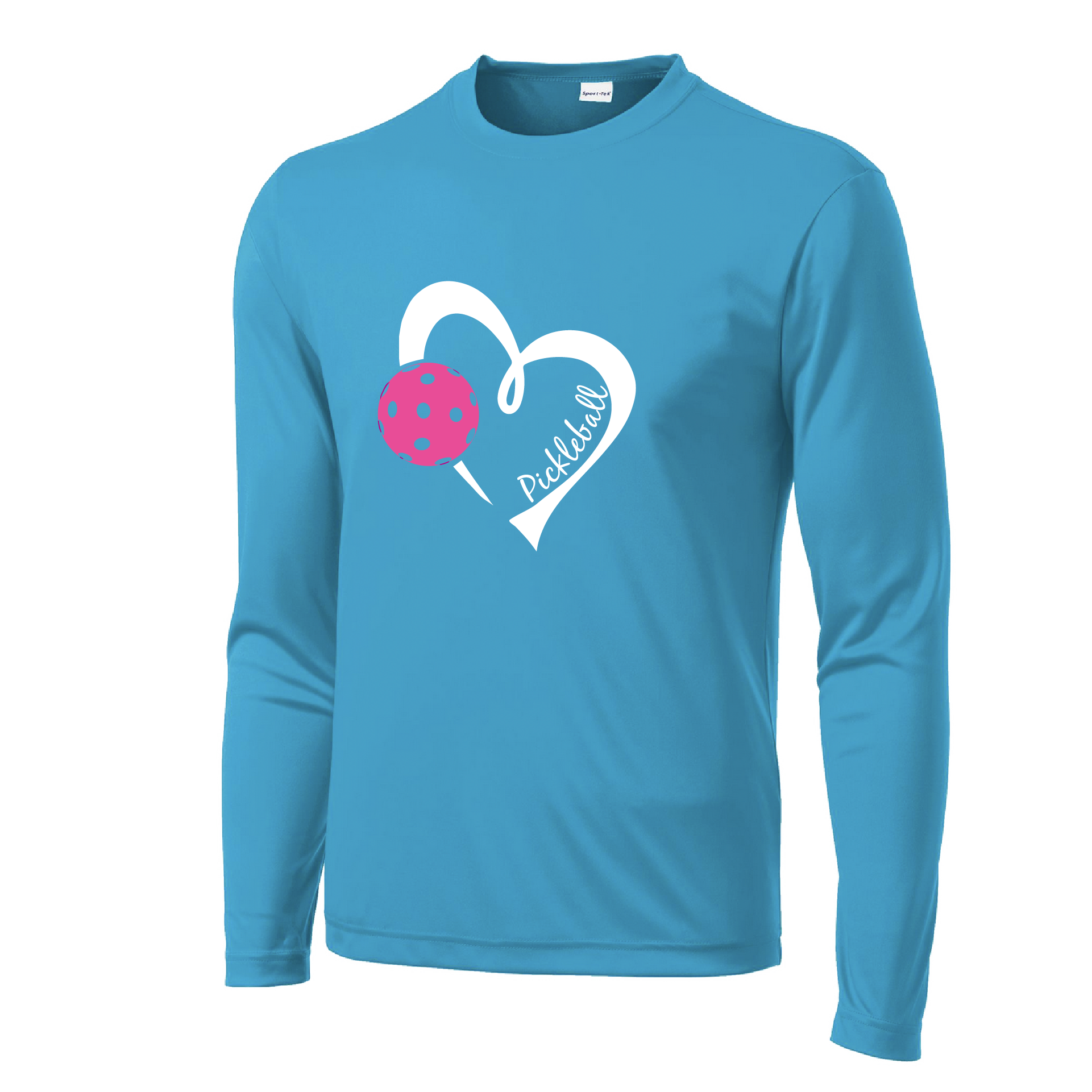 Pickleball Design: Heart with Pickleball  Men's Style: Long Sleeve  Shirts are lightweight, roomy and highly breathable. These moisture-wicking shirts are designed for athletic performance. They feature PosiCharge technology to lock in color and prevent logos from fading. Removable tag and set-in sleeves for comfort.