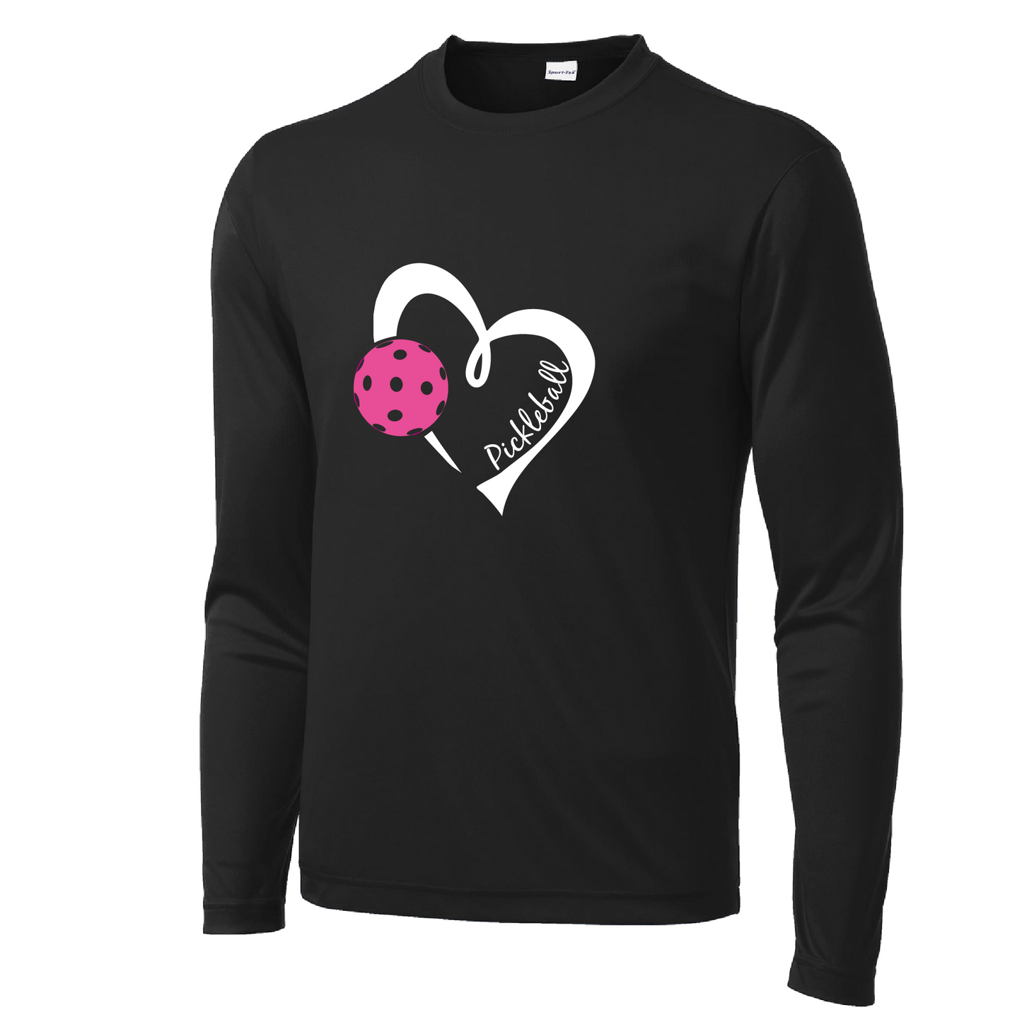 Pickleball Design: Heart with Pickleball  Men's Style: Long Sleeve  Shirts are lightweight, roomy and highly breathable. These moisture-wicking shirts are designed for athletic performance. They feature PosiCharge technology to lock in color and prevent logos from fading. Removable tag and set-in sleeves for comfort.