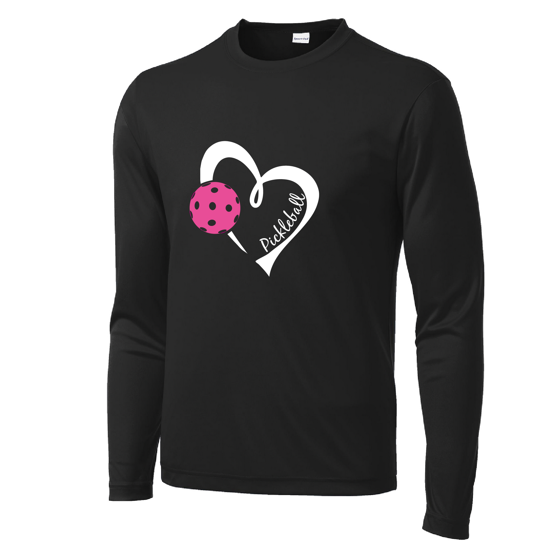 Pickleball Design: Heart with Pickleball  Men's Style: Long Sleeve  Shirts are lightweight, roomy and highly breathable. These moisture-wicking shirts are designed for athletic performance. They feature PosiCharge technology to lock in color and prevent logos from fading. Removable tag and set-in sleeves for comfort.