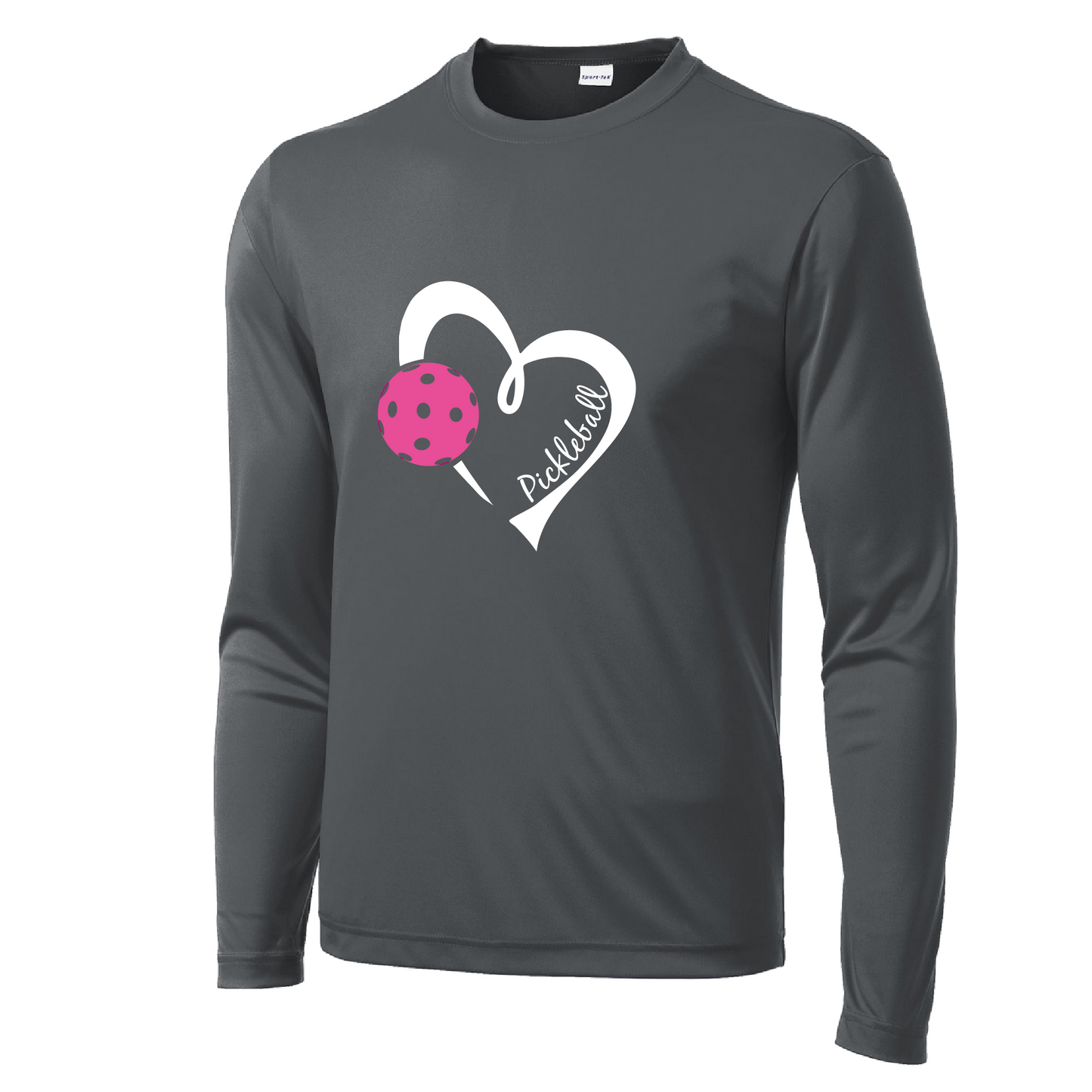 Pickleball Design: Heart with Pickleball  Men's Style: Long Sleeve  Shirts are lightweight, roomy and highly breathable. These moisture-wicking shirts are designed for athletic performance. They feature PosiCharge technology to lock in color and prevent logos from fading. Removable tag and set-in sleeves for comfort.