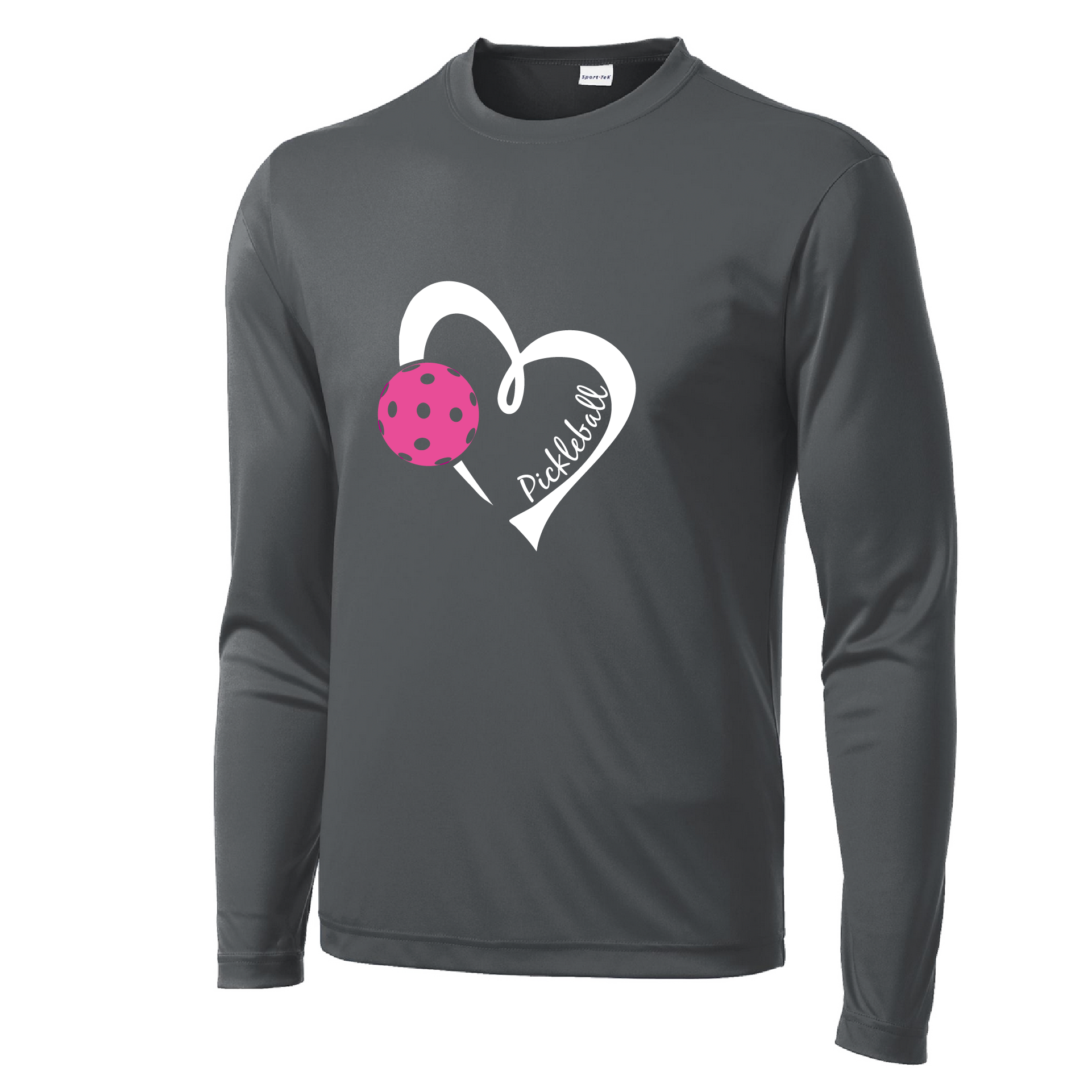 Pickleball Design: Heart with Pickleball  Men's Style: Long Sleeve  Shirts are lightweight, roomy and highly breathable. These moisture-wicking shirts are designed for athletic performance. They feature PosiCharge technology to lock in color and prevent logos from fading. Removable tag and set-in sleeves for comfort.