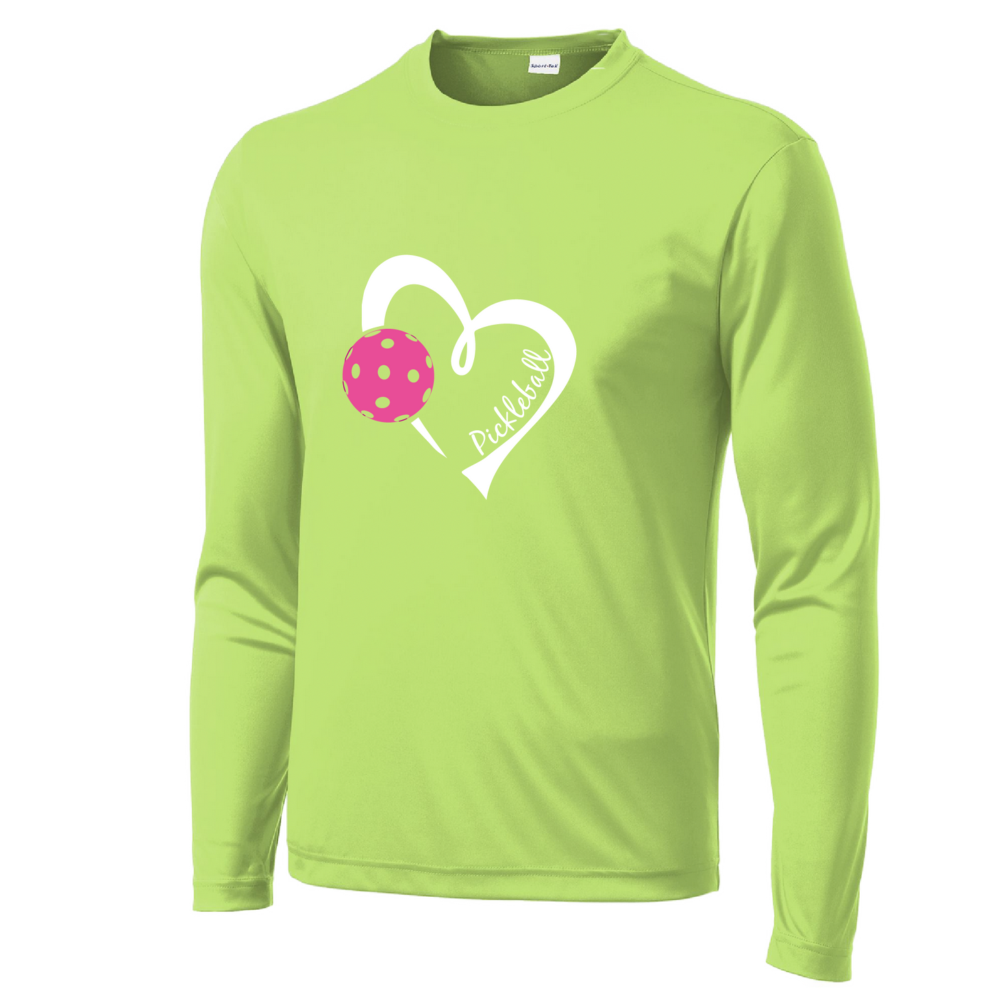 Pickleball Design: Heart with Pickleball  Men's Style: Long Sleeve  Shirts are lightweight, roomy and highly breathable. These moisture-wicking shirts are designed for athletic performance. They feature PosiCharge technology to lock in color and prevent logos from fading. Removable tag and set-in sleeves for comfort.