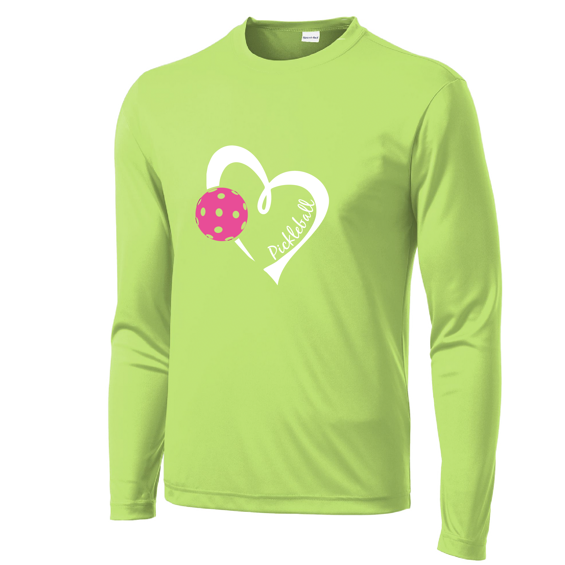 Pickleball Design: Heart with Pickleball  Men's Style: Long Sleeve  Shirts are lightweight, roomy and highly breathable. These moisture-wicking shirts are designed for athletic performance. They feature PosiCharge technology to lock in color and prevent logos from fading. Removable tag and set-in sleeves for comfort.