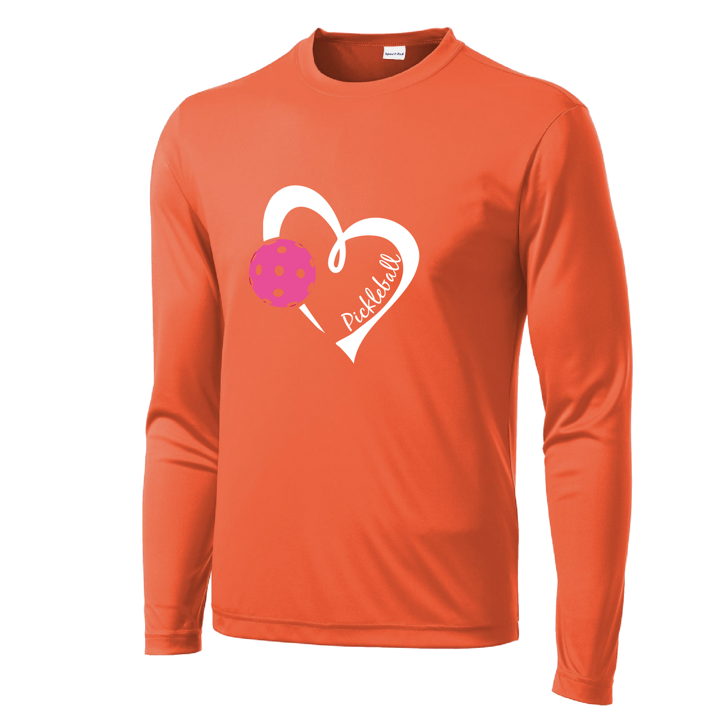 Pickleball Design: Heart with Pickleball  Men's Style: Long Sleeve  Shirts are lightweight, roomy and highly breathable. These moisture-wicking shirts are designed for athletic performance. They feature PosiCharge technology to lock in color and prevent logos from fading. Removable tag and set-in sleeves for comfort.