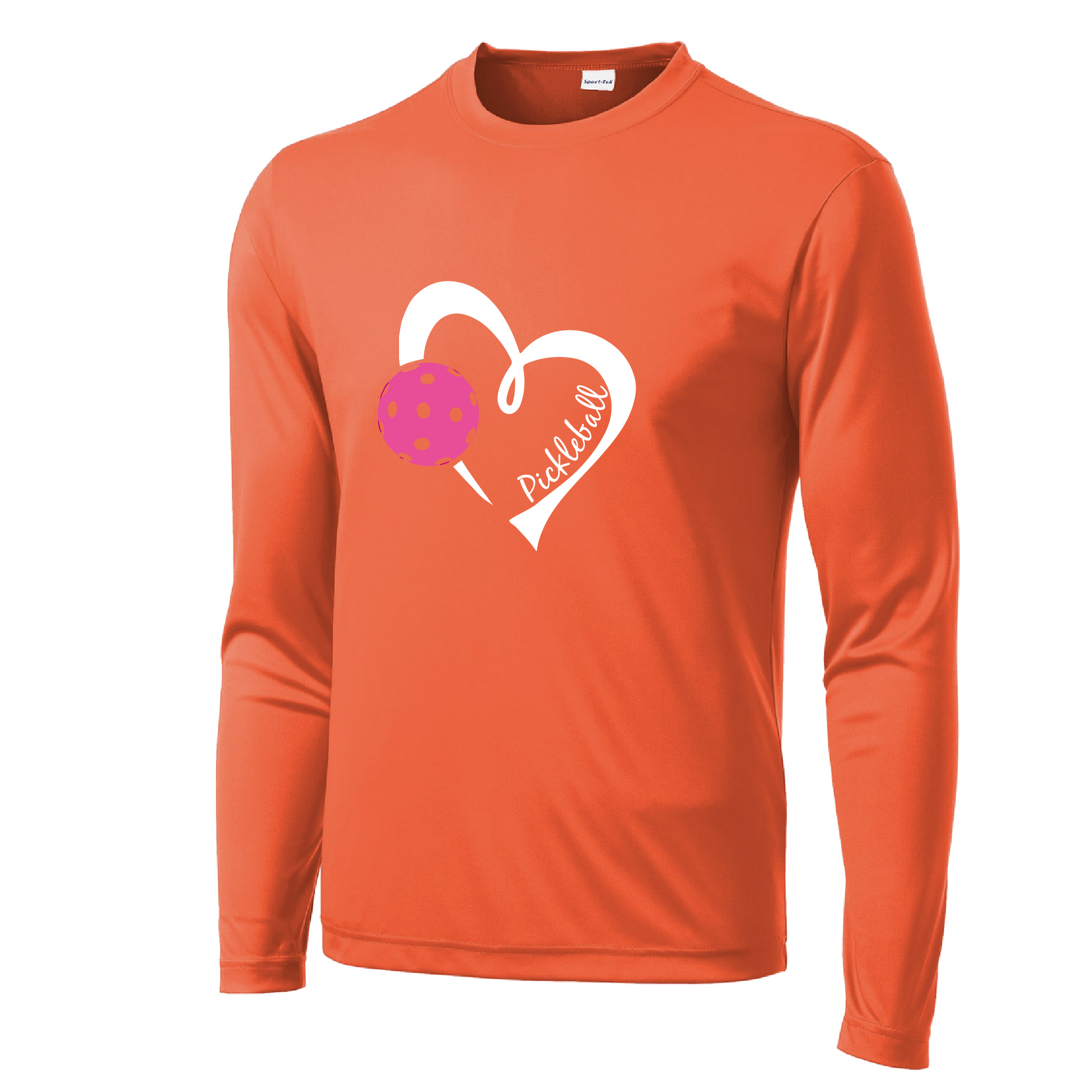 Pickleball Design: Heart with Pickleball  Men's Style: Long Sleeve  Shirts are lightweight, roomy and highly breathable. These moisture-wicking shirts are designed for athletic performance. They feature PosiCharge technology to lock in color and prevent logos from fading. Removable tag and set-in sleeves for comfort.