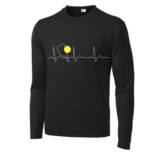 Pickleball Design: Heartbeat  Men's Style: Long Sleeve  Shirts are lightweight, roomy and highly breathable. These moisture-wicking shirts are designed for athletic performance. They feature PosiCharge technology to lock in color and prevent logos from fading. Removable tag and set-in sleeves for comfort.