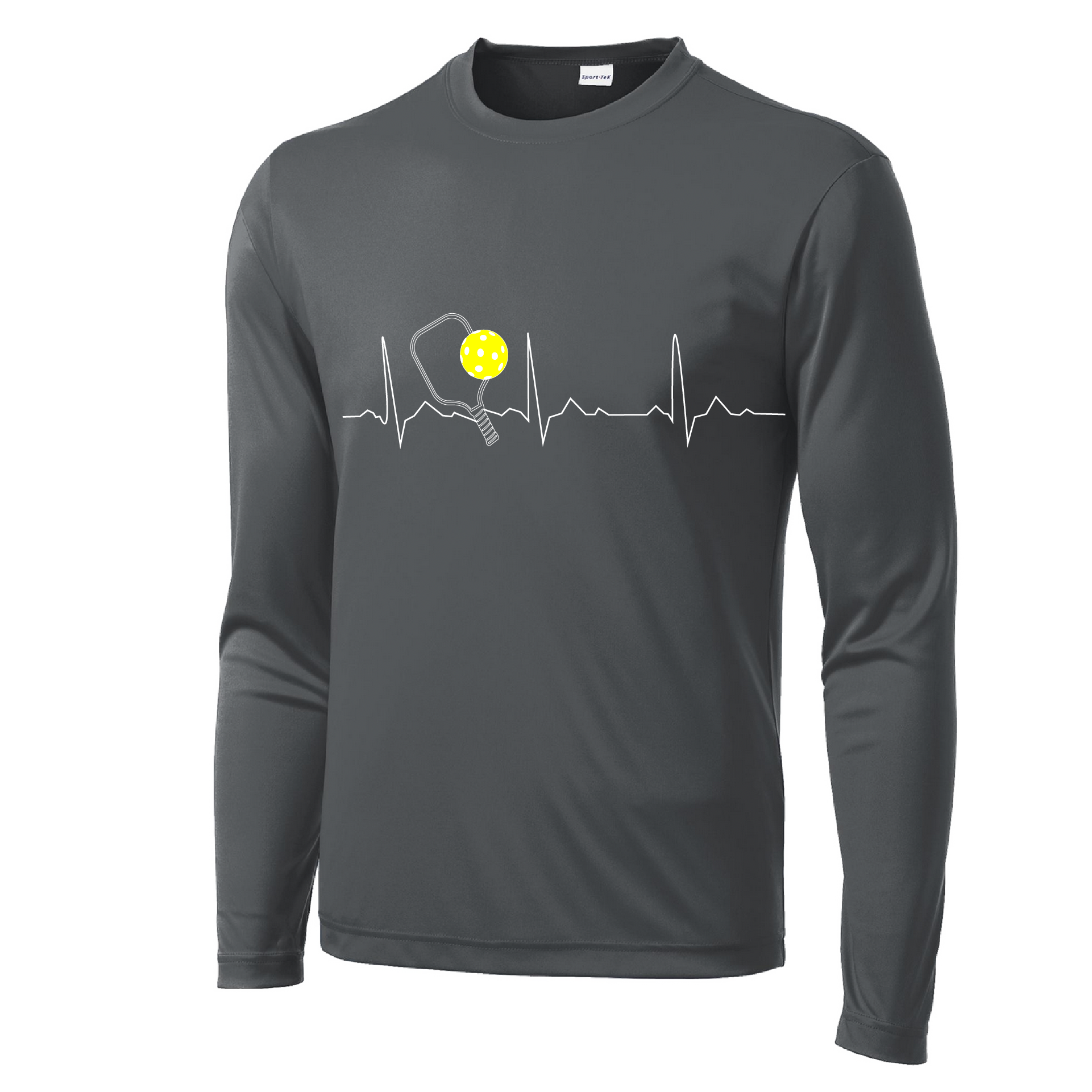 Pickleball Design: Heartbeat  Men's Style: Long Sleeve  Shirts are lightweight, roomy and highly breathable. These moisture-wicking shirts are designed for athletic performance. They feature PosiCharge technology to lock in color and prevent logos from fading. Removable tag and set-in sleeves for comfort.