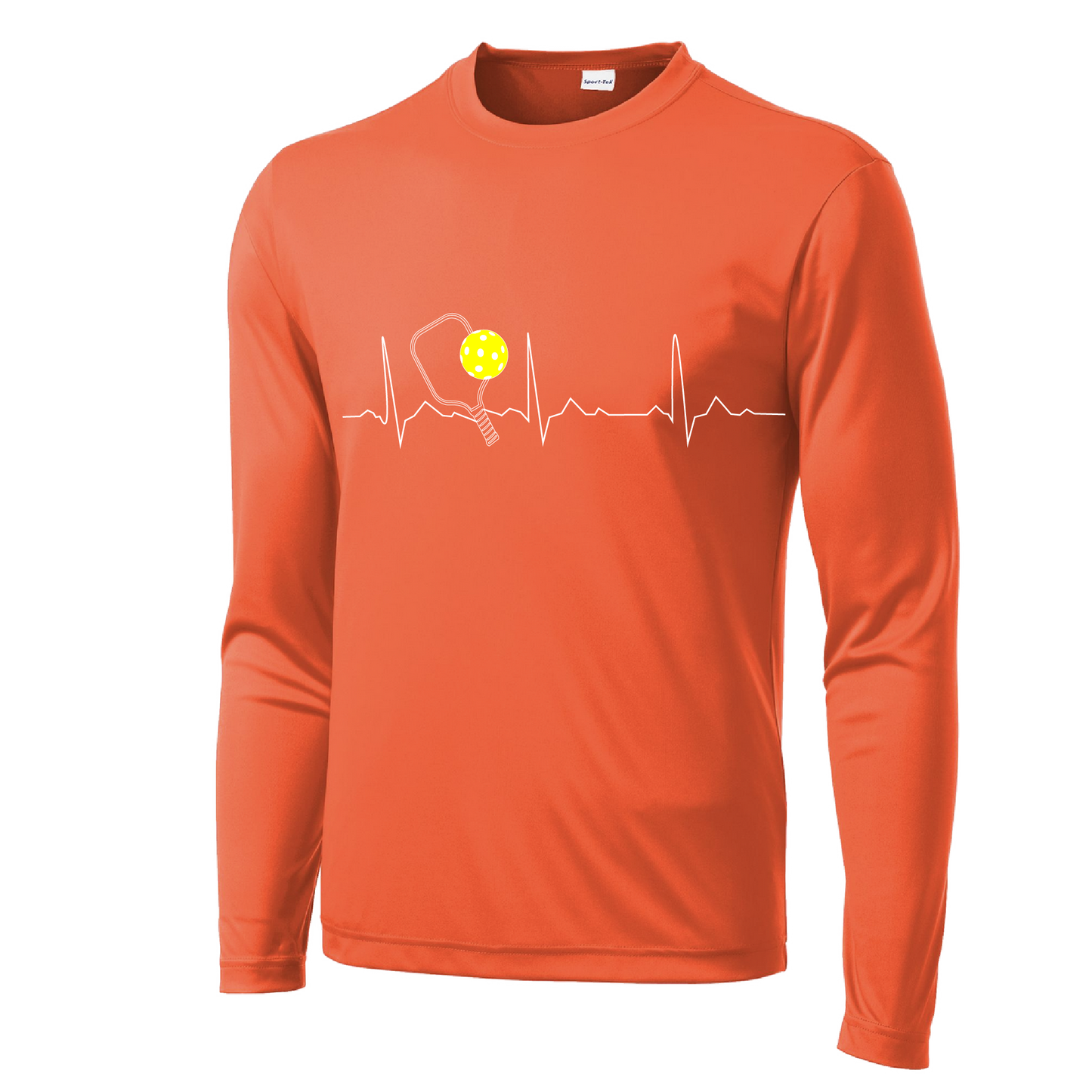 Pickleball Design: Heartbeat  Men's Style: Long Sleeve  Shirts are lightweight, roomy and highly breathable. These moisture-wicking shirts are designed for athletic performance. They feature PosiCharge technology to lock in color and prevent logos from fading. Removable tag and set-in sleeves for comfort.