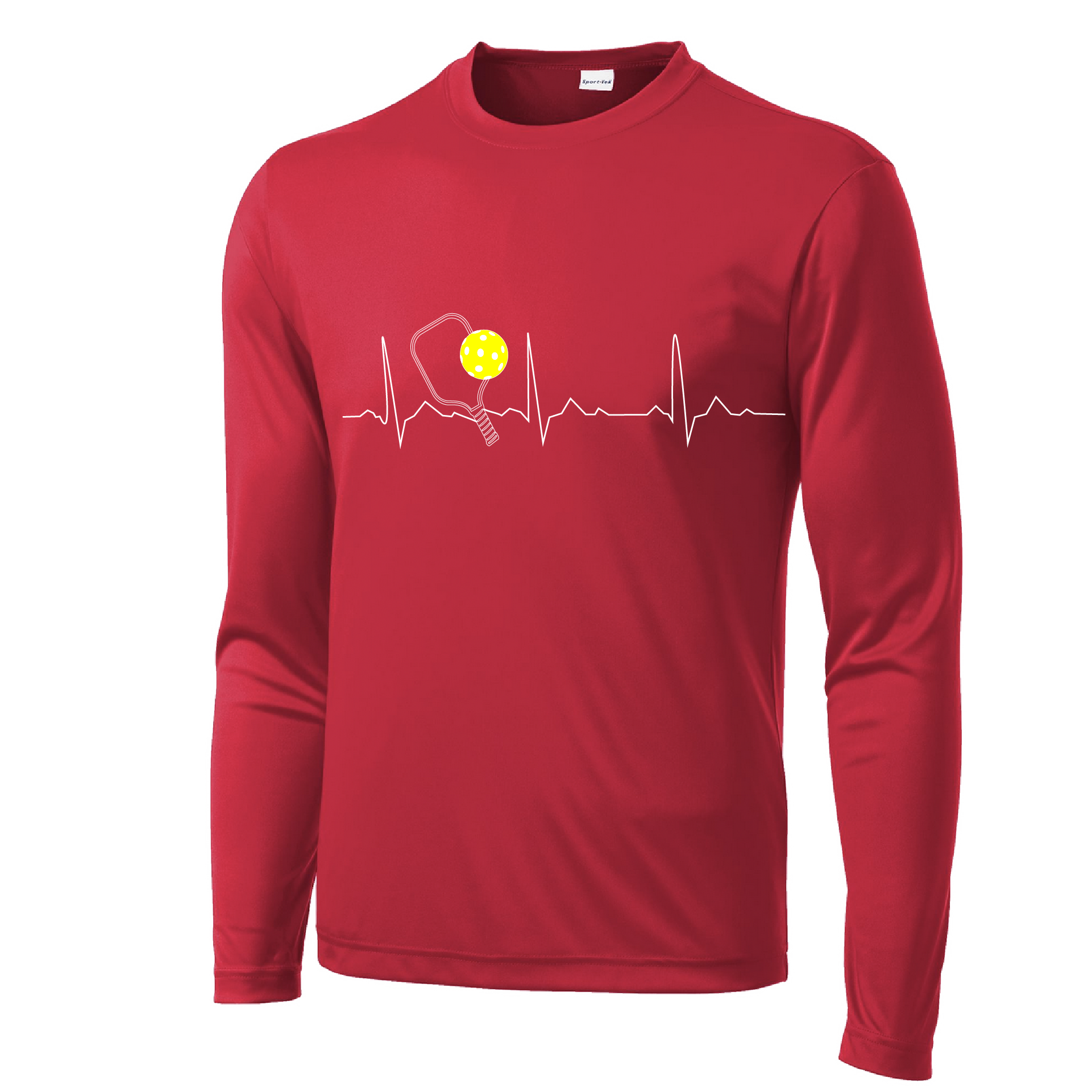 Pickleball Design: Heartbeat  Men's Style: Long Sleeve  Shirts are lightweight, roomy and highly breathable. These moisture-wicking shirts are designed for athletic performance. They feature PosiCharge technology to lock in color and prevent logos from fading. Removable tag and set-in sleeves for comfort.