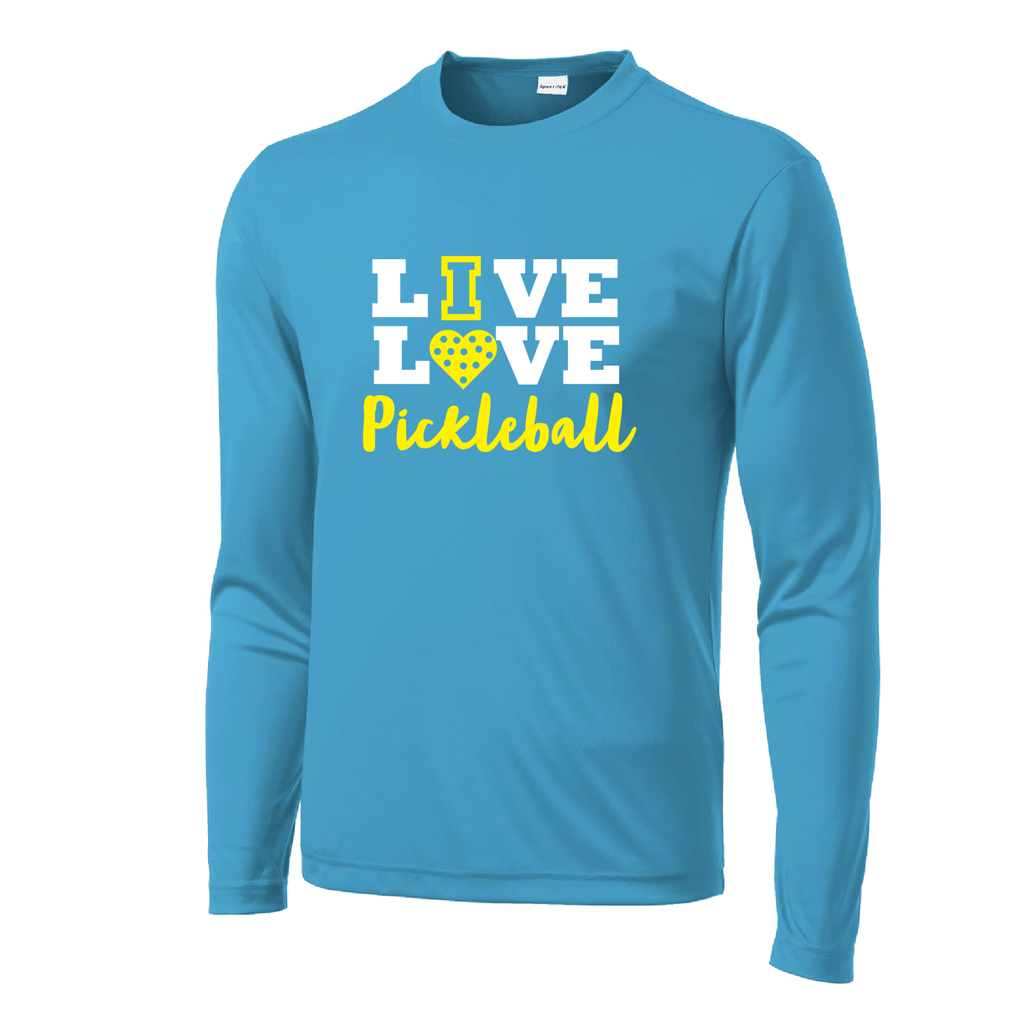 Pickleball Design: Live Love Pickleball  Men's Style: Long Sleeve  Shirts are lightweight, roomy and highly breathable. These moisture-wicking shirts are designed for athletic performance. They feature PosiCharge technology to lock in color and prevent logos from fading. Removable tag and set-in sleeves for comfort.