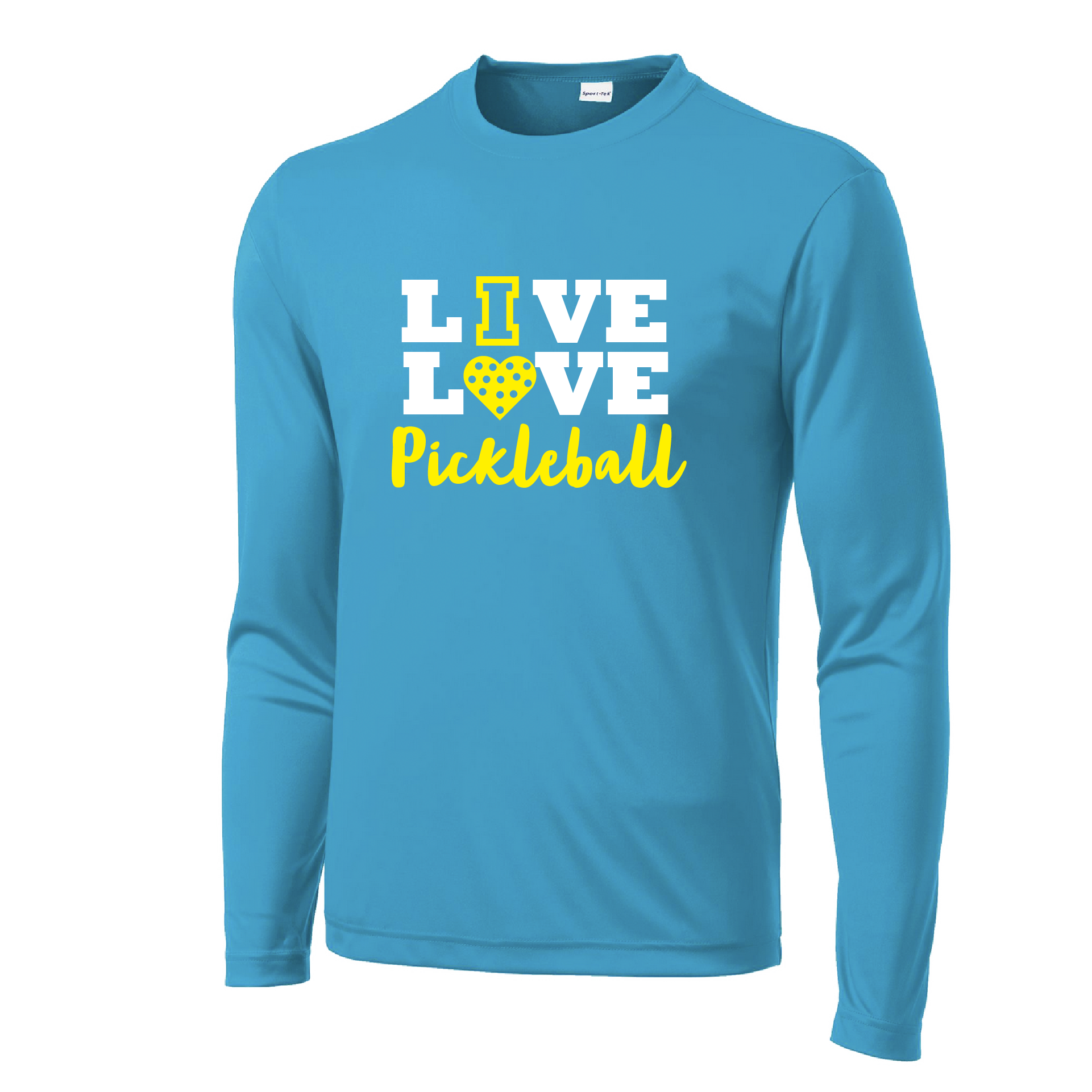Pickleball Design: Live Love Pickleball  Men's Style: Long Sleeve  Shirts are lightweight, roomy and highly breathable. These moisture-wicking shirts are designed for athletic performance. They feature PosiCharge technology to lock in color and prevent logos from fading. Removable tag and set-in sleeves for comfort.