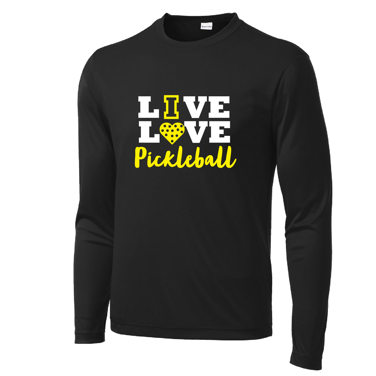 Pickleball Design: Live Love Pickleball  Men's Style: Long Sleeve  Shirts are lightweight, roomy and highly breathable. These moisture-wicking shirts are designed for athletic performance. They feature PosiCharge technology to lock in color and prevent logos from fading. Removable tag and set-in sleeves for comfort.