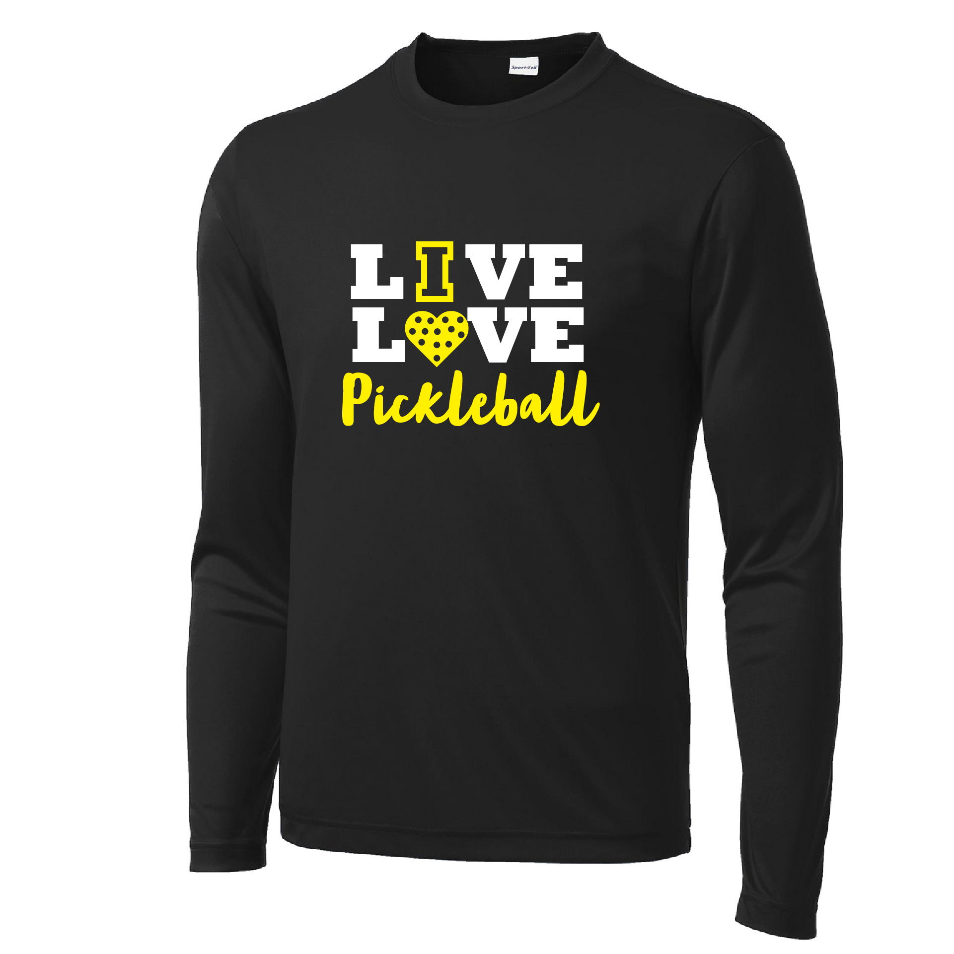 Pickleball Design: Live Love Pickleball  Men's Style: Long Sleeve  Shirts are lightweight, roomy and highly breathable. These moisture-wicking shirts are designed for athletic performance. They feature PosiCharge technology to lock in color and prevent logos from fading. Removable tag and set-in sleeves for comfort.