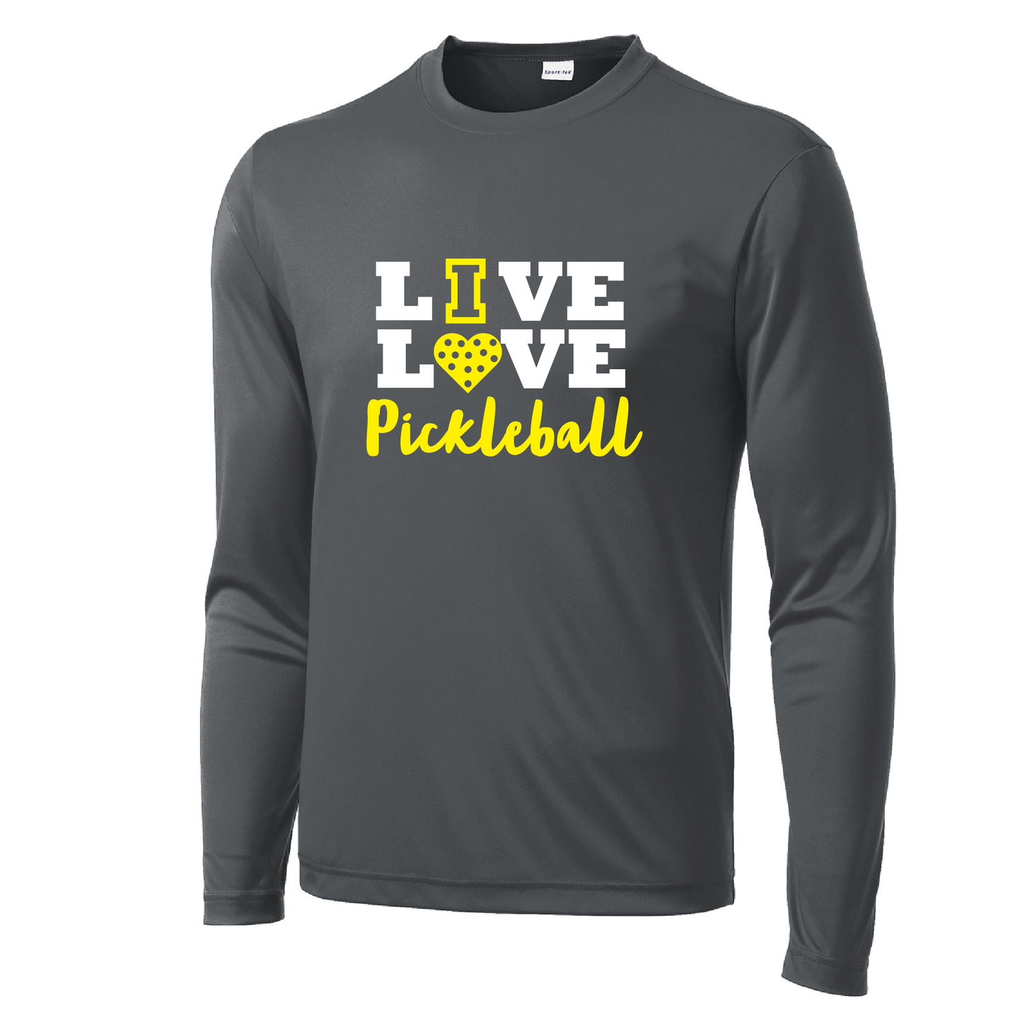 Pickleball Design: Live Love Pickleball  Men's Style: Long Sleeve  Shirts are lightweight, roomy and highly breathable. These moisture-wicking shirts are designed for athletic performance. They feature PosiCharge technology to lock in color and prevent logos from fading. Removable tag and set-in sleeves for comfort.