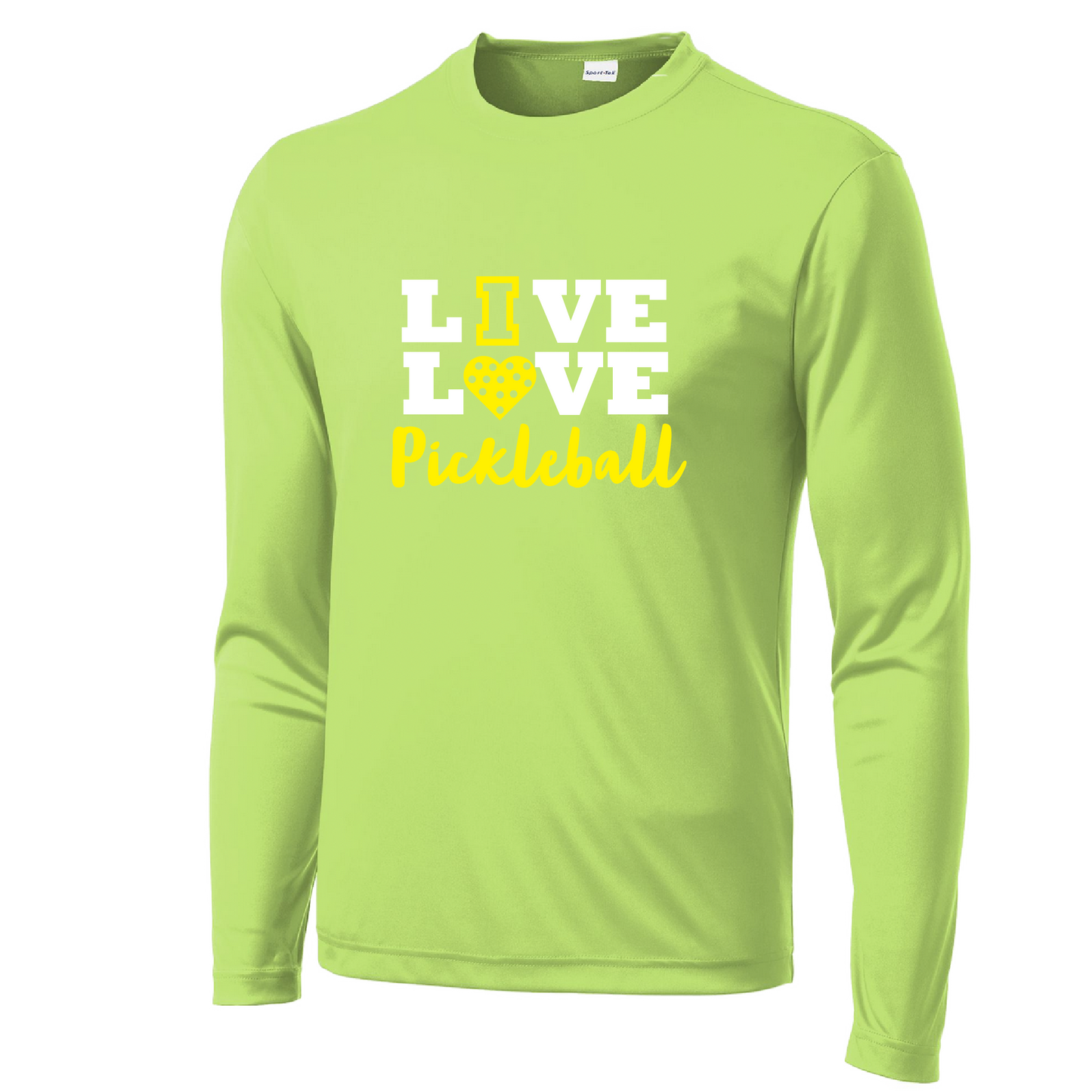 Pickleball Design: Live Love Pickleball  Men's Style: Long Sleeve  Shirts are lightweight, roomy and highly breathable. These moisture-wicking shirts are designed for athletic performance. They feature PosiCharge technology to lock in color and prevent logos from fading. Removable tag and set-in sleeves for comfort.