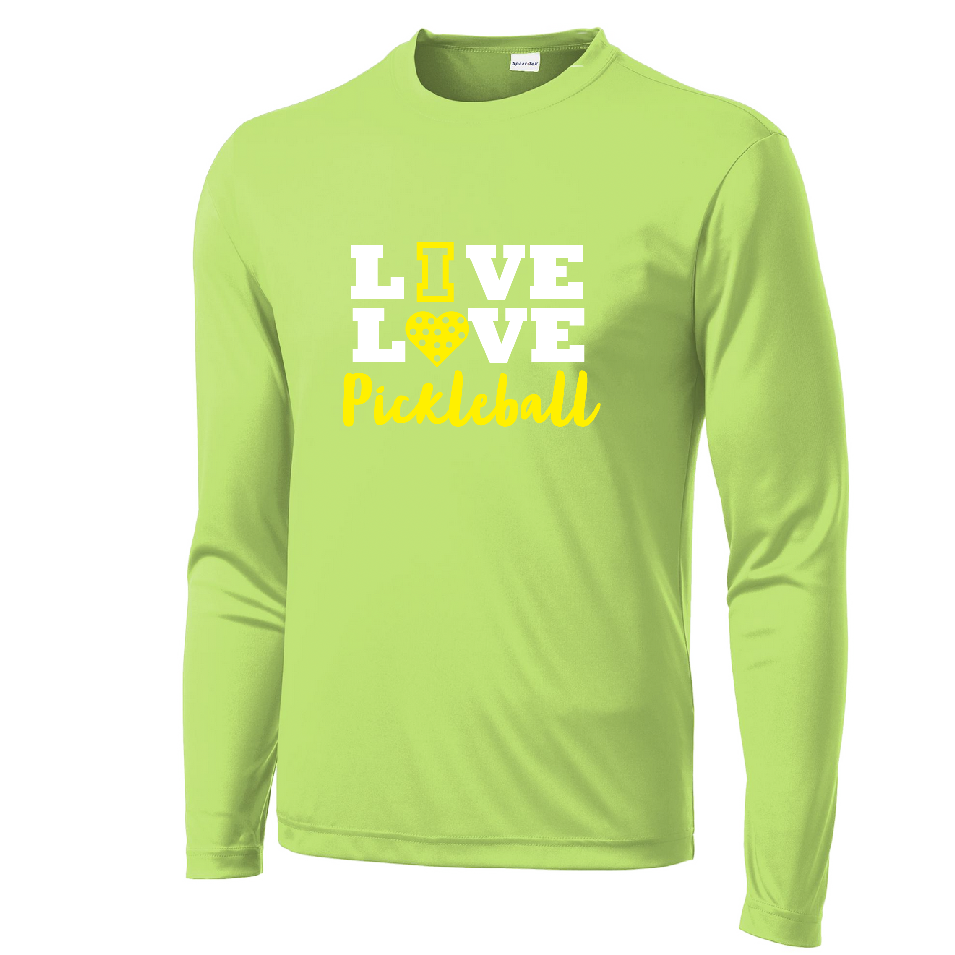 Pickleball Design: Live Love Pickleball  Men's Style: Long Sleeve  Shirts are lightweight, roomy and highly breathable. These moisture-wicking shirts are designed for athletic performance. They feature PosiCharge technology to lock in color and prevent logos from fading. Removable tag and set-in sleeves for comfort.