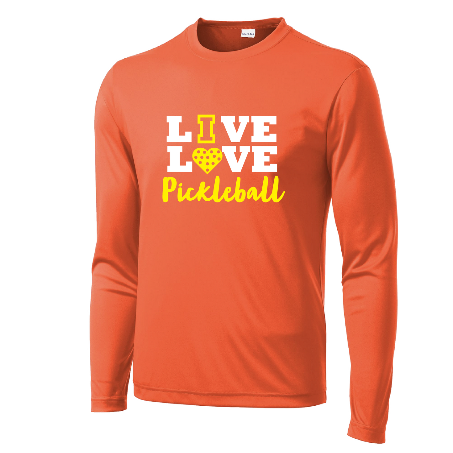 Pickleball Design: Live Love Pickleball  Men's Style: Long Sleeve  Shirts are lightweight, roomy and highly breathable. These moisture-wicking shirts are designed for athletic performance. They feature PosiCharge technology to lock in color and prevent logos from fading. Removable tag and set-in sleeves for comfort.