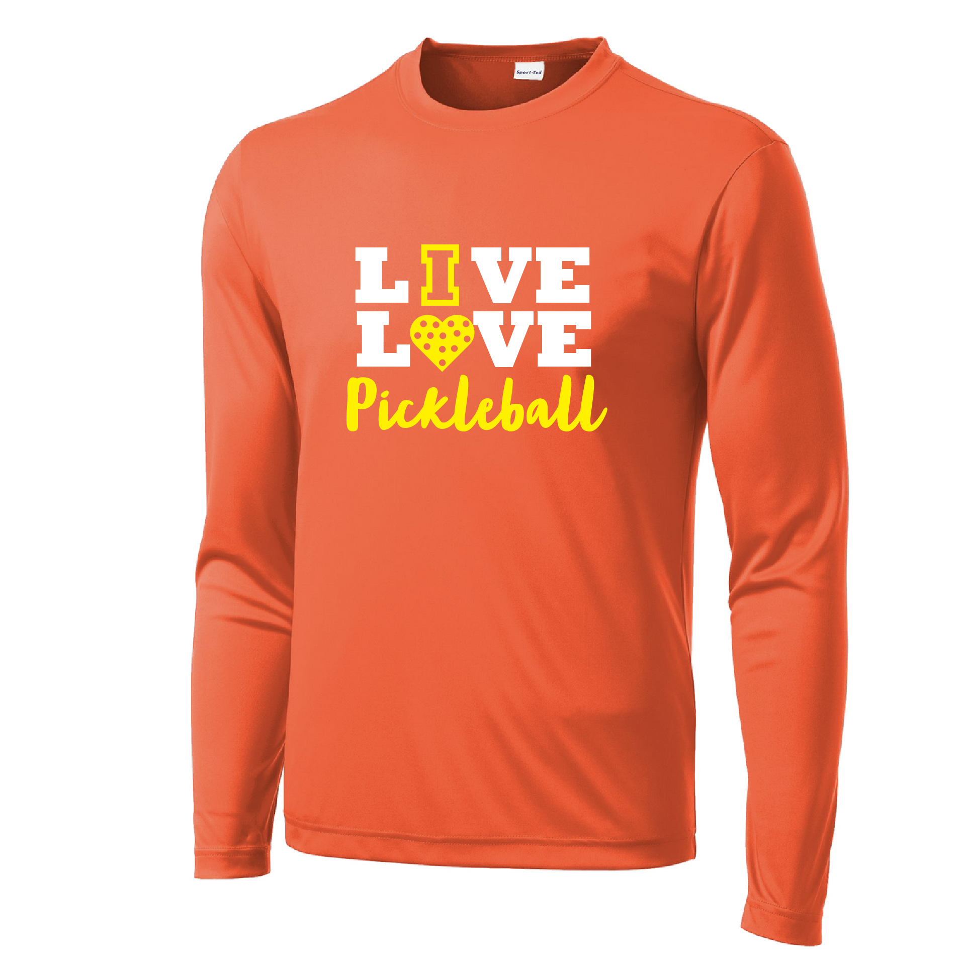 Pickleball Design: Live Love Pickleball  Men's Style: Long Sleeve  Shirts are lightweight, roomy and highly breathable. These moisture-wicking shirts are designed for athletic performance. They feature PosiCharge technology to lock in color and prevent logos from fading. Removable tag and set-in sleeves for comfort.