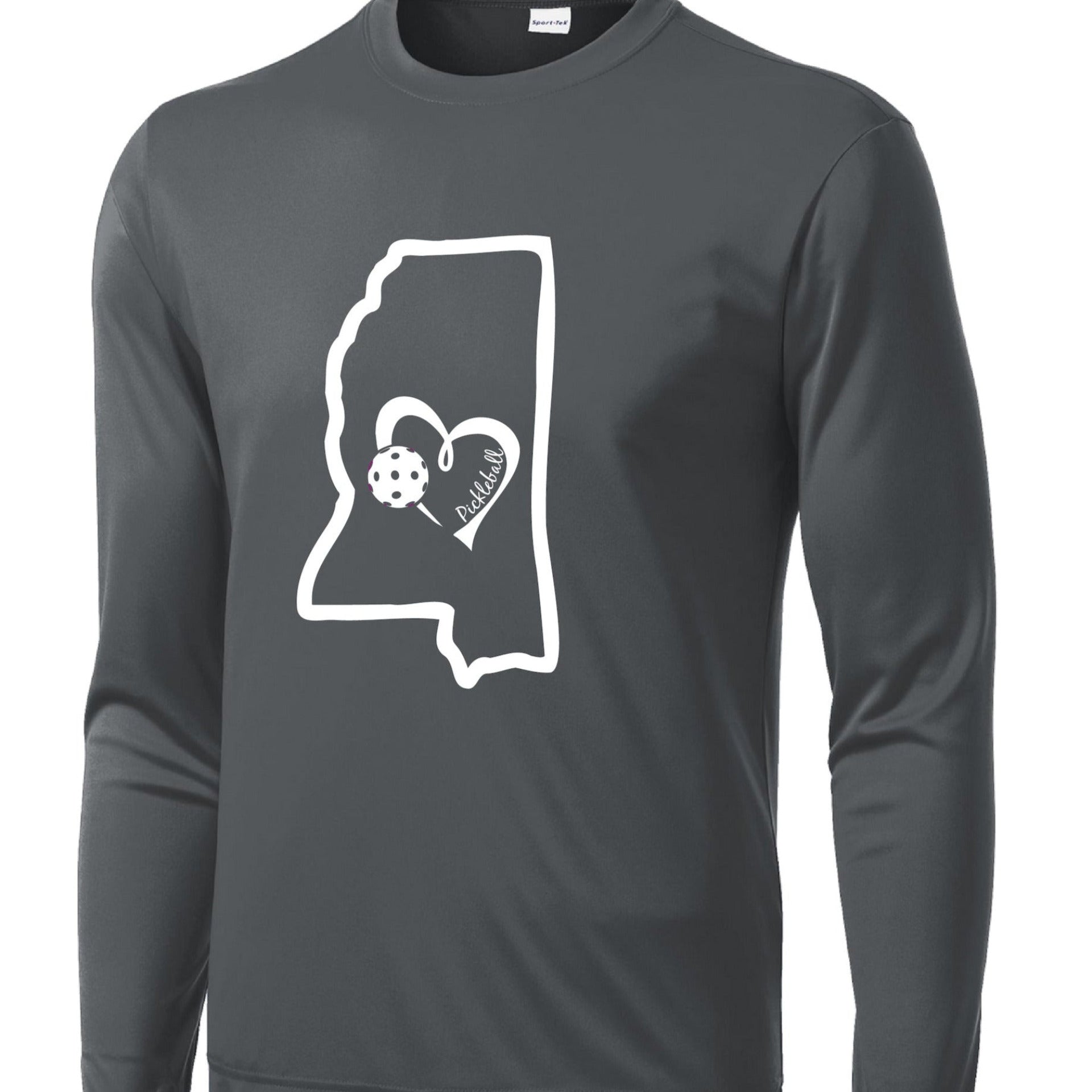 Pickleball Design: Mississippi State with Heart  Men's Styles: Long Sleeve  Shirts are lightweight, roomy and highly breathable. These moisture-wicking shirts are designed for athletic performance. They feature PosiCharge technology to lock in color and prevent logos from fading. Removable tag and set-in sleeves for comfort.