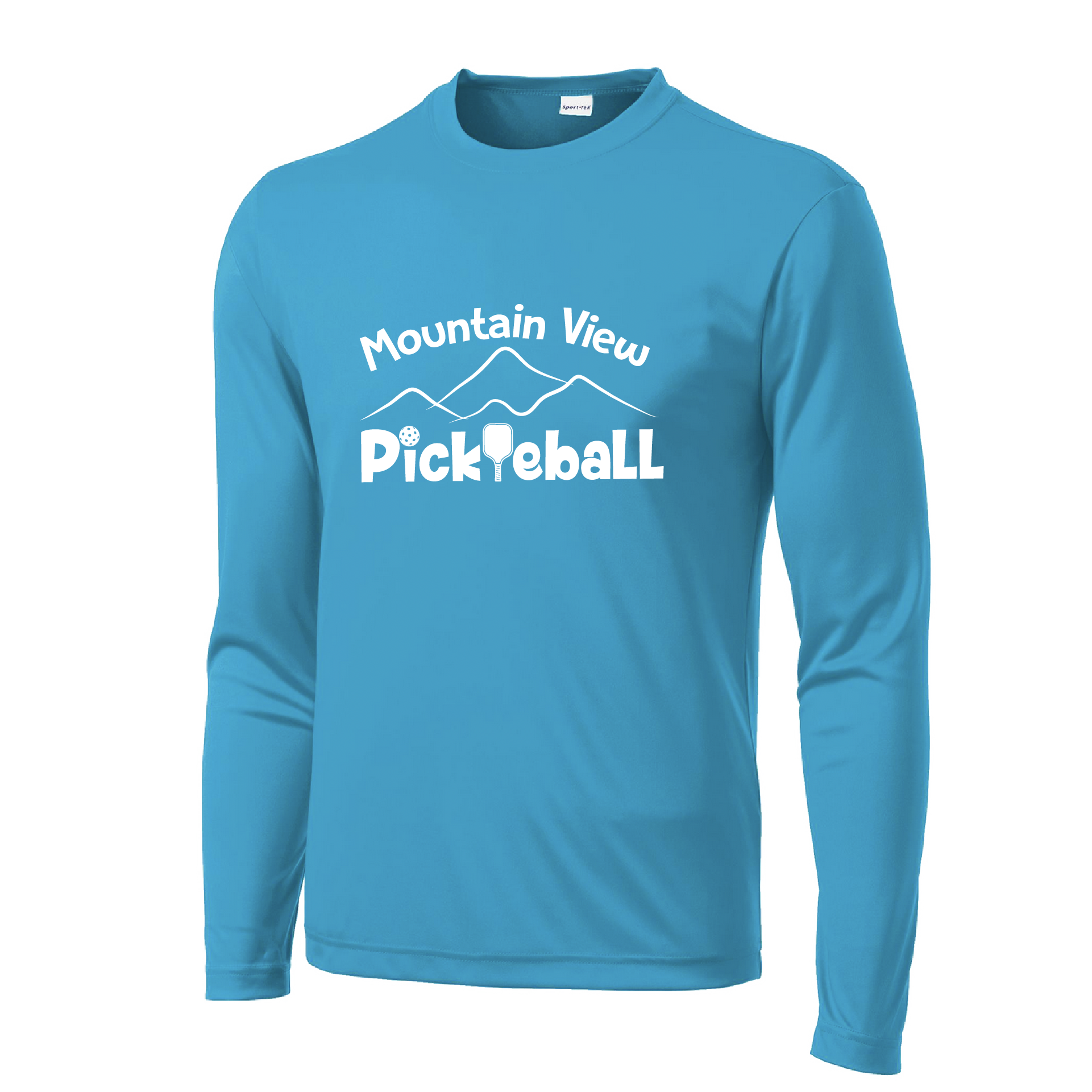 Pickleball Design: Mountain View Pickleball Club  Men's Styles: Long-Sleeve  Turn up the volume in this Men's shirt with its perfect mix of softness and attitude. Material is ultra-comfortable with moisture wicking properties and tri-blend softness. PosiCharge technology locks in color. Highly breathable and lightweight.