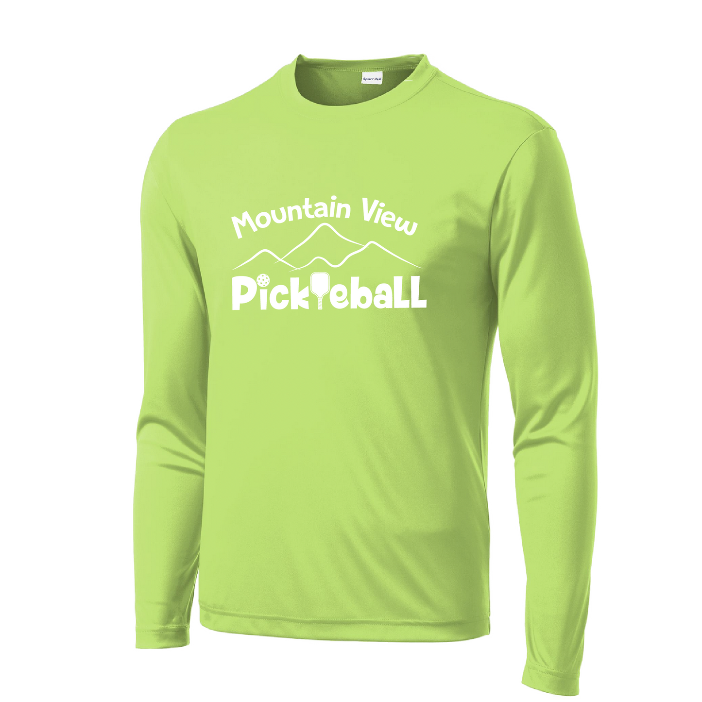 Pickleball Design: Mountain View Pickleball Club  Men's Styles: Long-Sleeve  Turn up the volume in this Men's shirt with its perfect mix of softness and attitude. Material is ultra-comfortable with moisture wicking properties and tri-blend softness. PosiCharge technology locks in color. Highly breathable and lightweight.