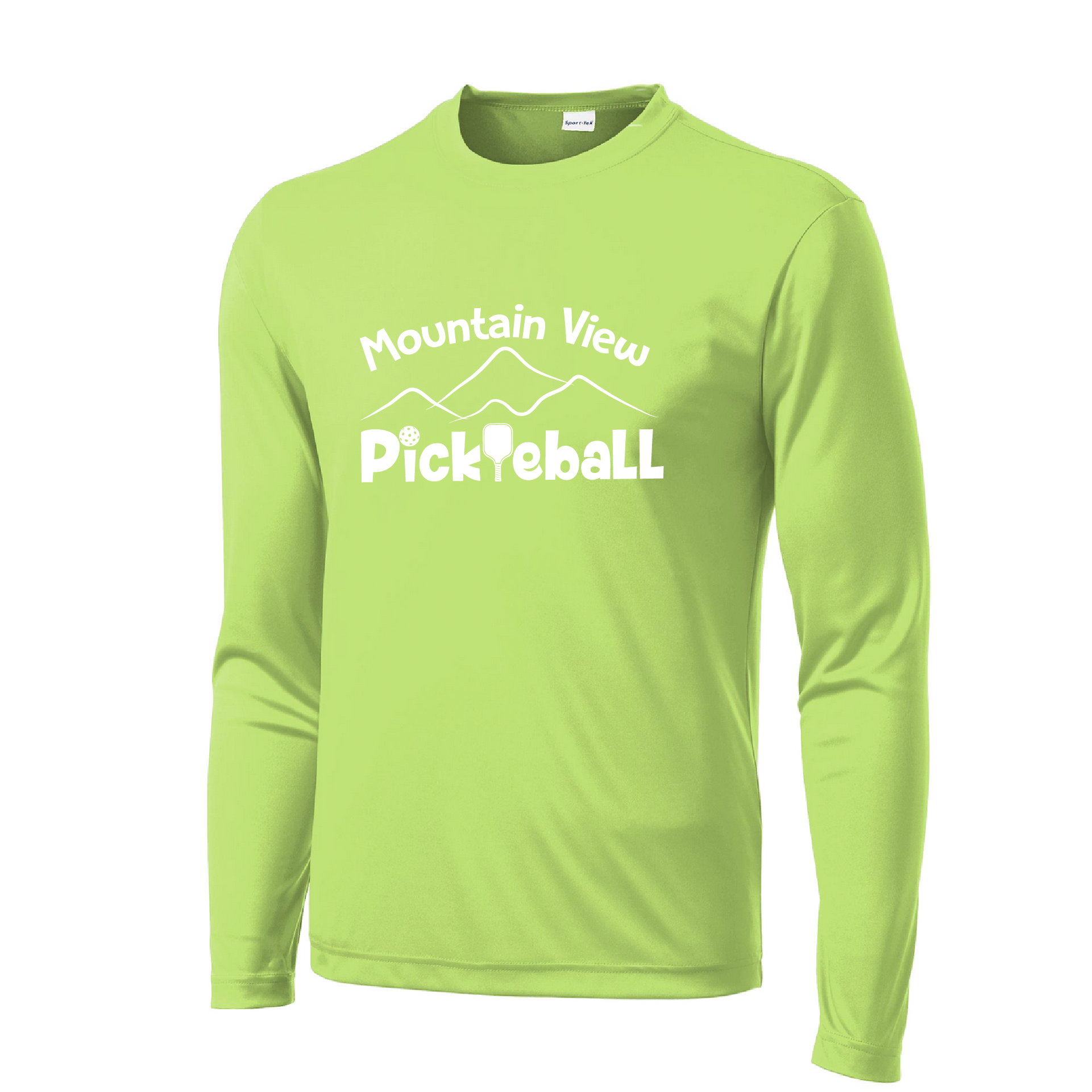 Pickleball Design: Mountain View Pickleball Club  Men's Styles: Long-Sleeve  Turn up the volume in this Men's shirt with its perfect mix of softness and attitude. Material is ultra-comfortable with moisture wicking properties and tri-blend softness. PosiCharge technology locks in color. Highly breathable and lightweight.