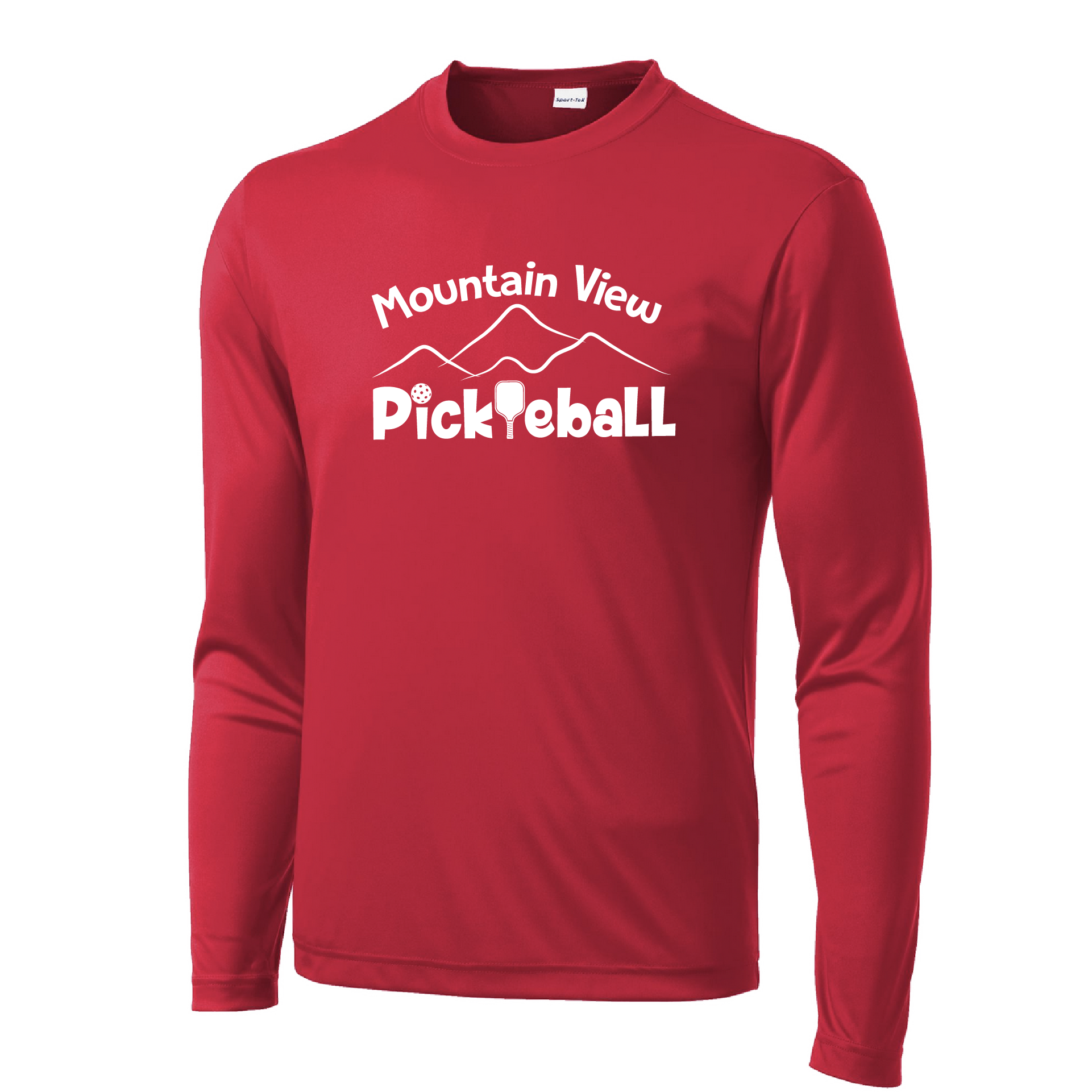  Pickleball Design: Mountain View Pickleball Club  Men's Styles: Long-Sleeve  Turn up the volume in this Men's shirt with its perfect mix of softness and attitude. Material is ultra-comfortable with moisture wicking properties and tri-blend softness. PosiCharge technology locks in color. Highly breathable and lightweight.