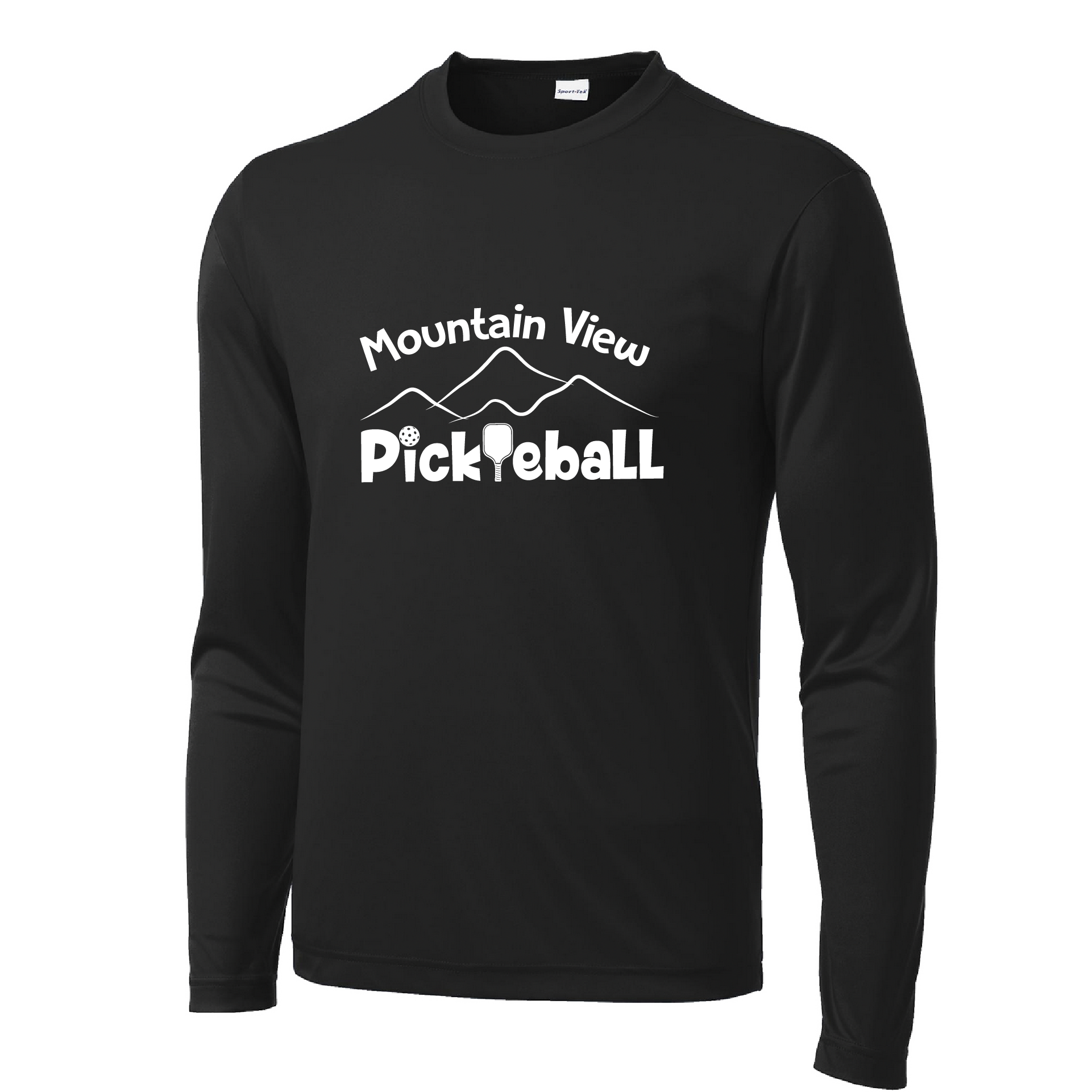 Pickleball Design: Mountain View Pickleball Club  Men's Styles: Long-Sleeve  Turn up the volume in this Men's shirt with its perfect mix of softness and attitude. Material is ultra-comfortable with moisture wicking properties and tri-blend softness. PosiCharge technology locks in color. Highly breathable and lightweight.