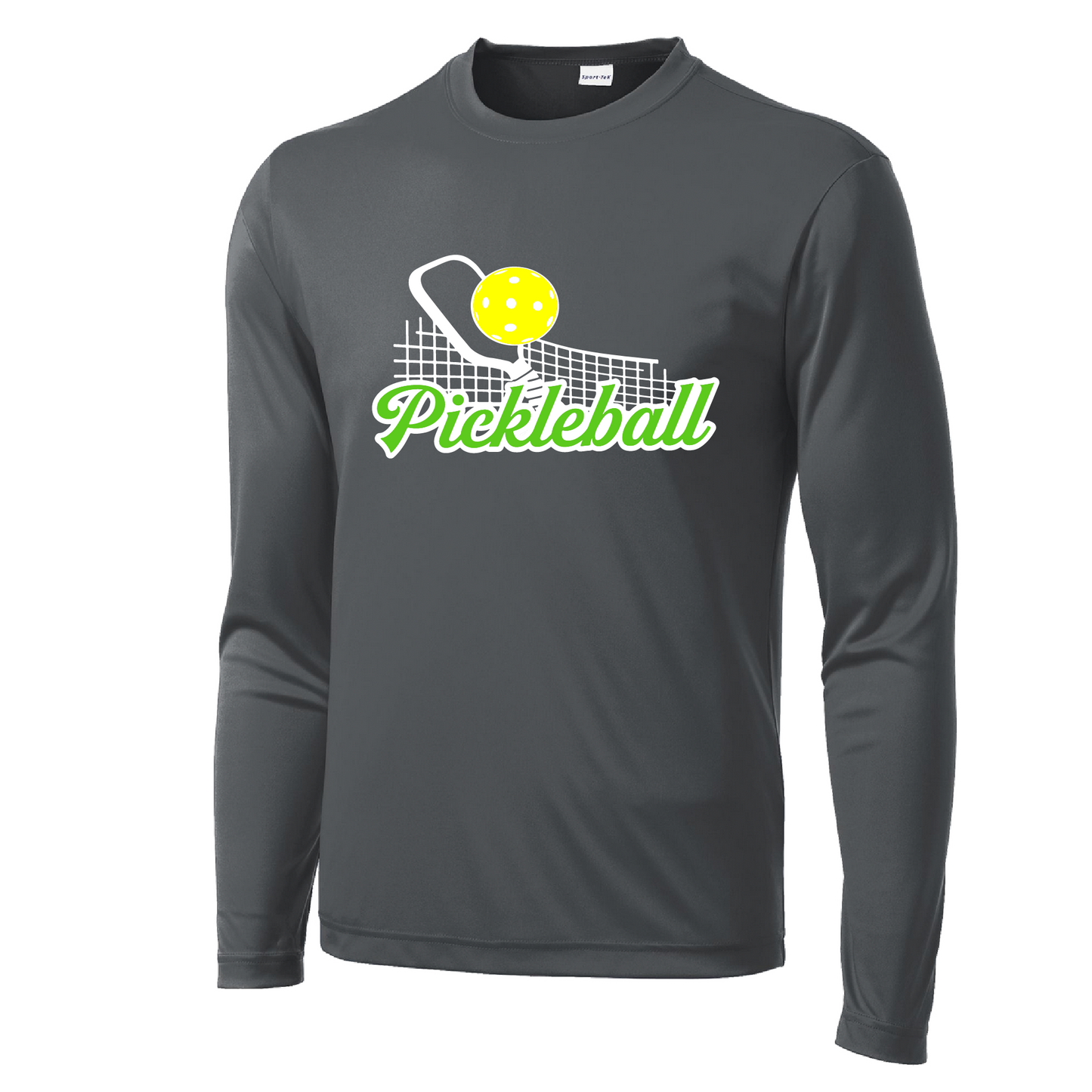 Pickleball Design: Pickleball Net  Men's Style: Long Sleeve  Shirts are lightweight, roomy and highly breathable. These moisture-wicking shirts are designed for athletic performance. They feature PosiCharge technology to lock in color and prevent logos from fading. Removable tag and set-in sleeves for comfort