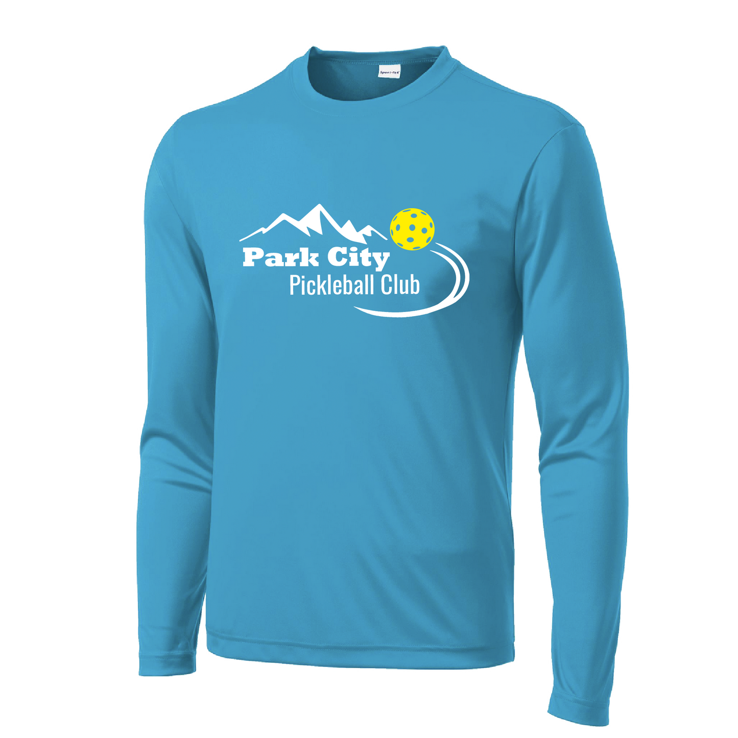 Pickleball Design: Park City Pickleball Club (white words)  Men's Style: Long Sleeve  Shirts are lightweight, roomy and highly breathable. These moisture-wicking shirts are designed for athletic performance. They feature PosiCharge technology to lock in color and prevent logos from fading. Removable tag and set-in sleeves for comfort.