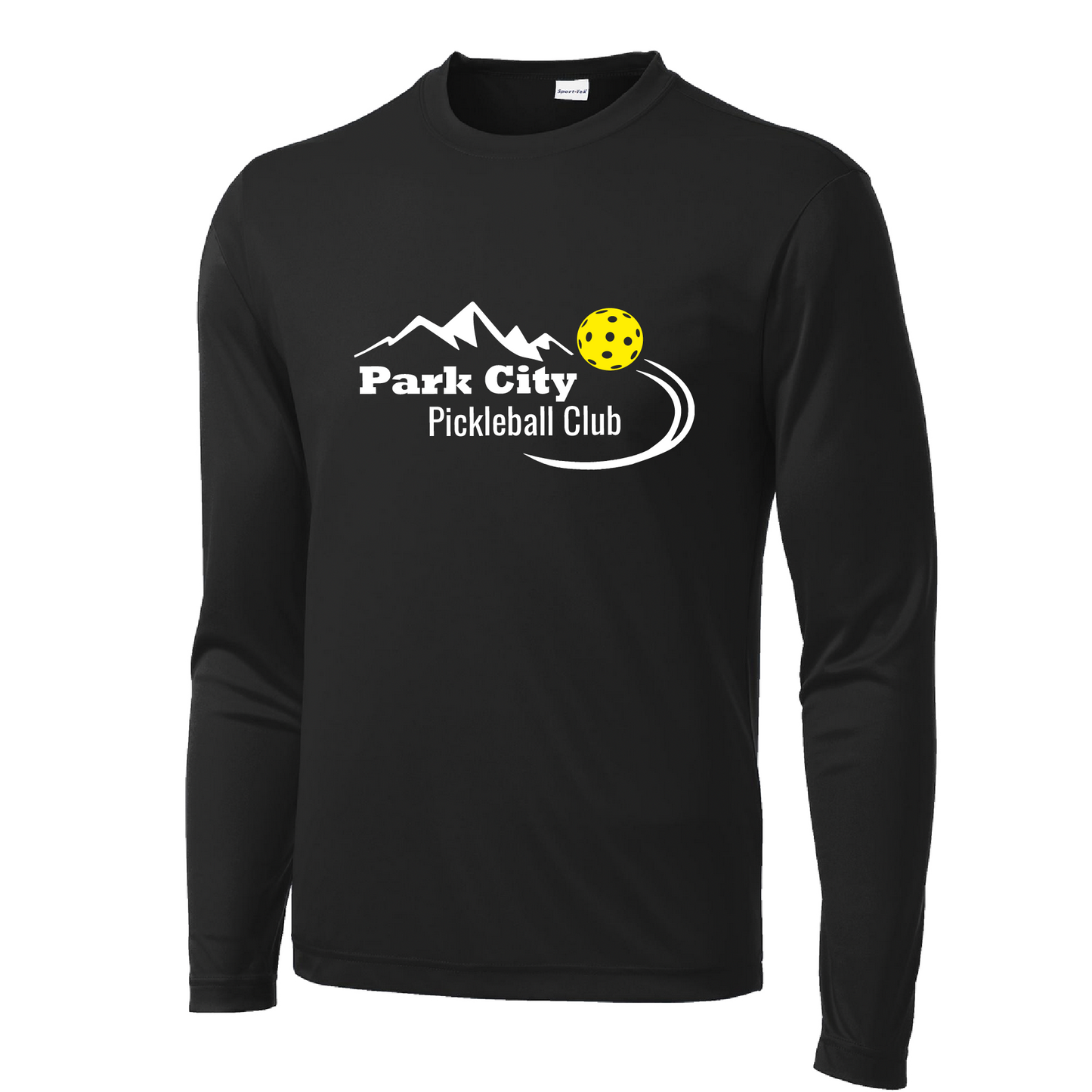 Pickleball Design: Park City Pickleball Club (white words)  Men's Style: Long Sleeve  Shirts are lightweight, roomy and highly breathable. These moisture-wicking shirts are designed for athletic performance. They feature PosiCharge technology to lock in color and prevent logos from fading. Removable tag and set-in sleeves for comfort.